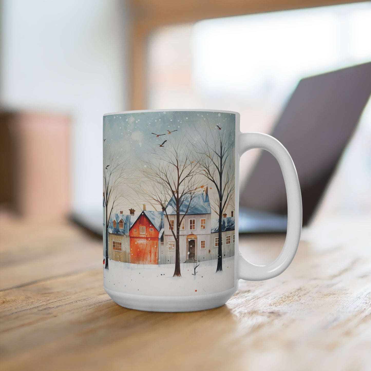 Row houses in Winter with birds Mug 15oz