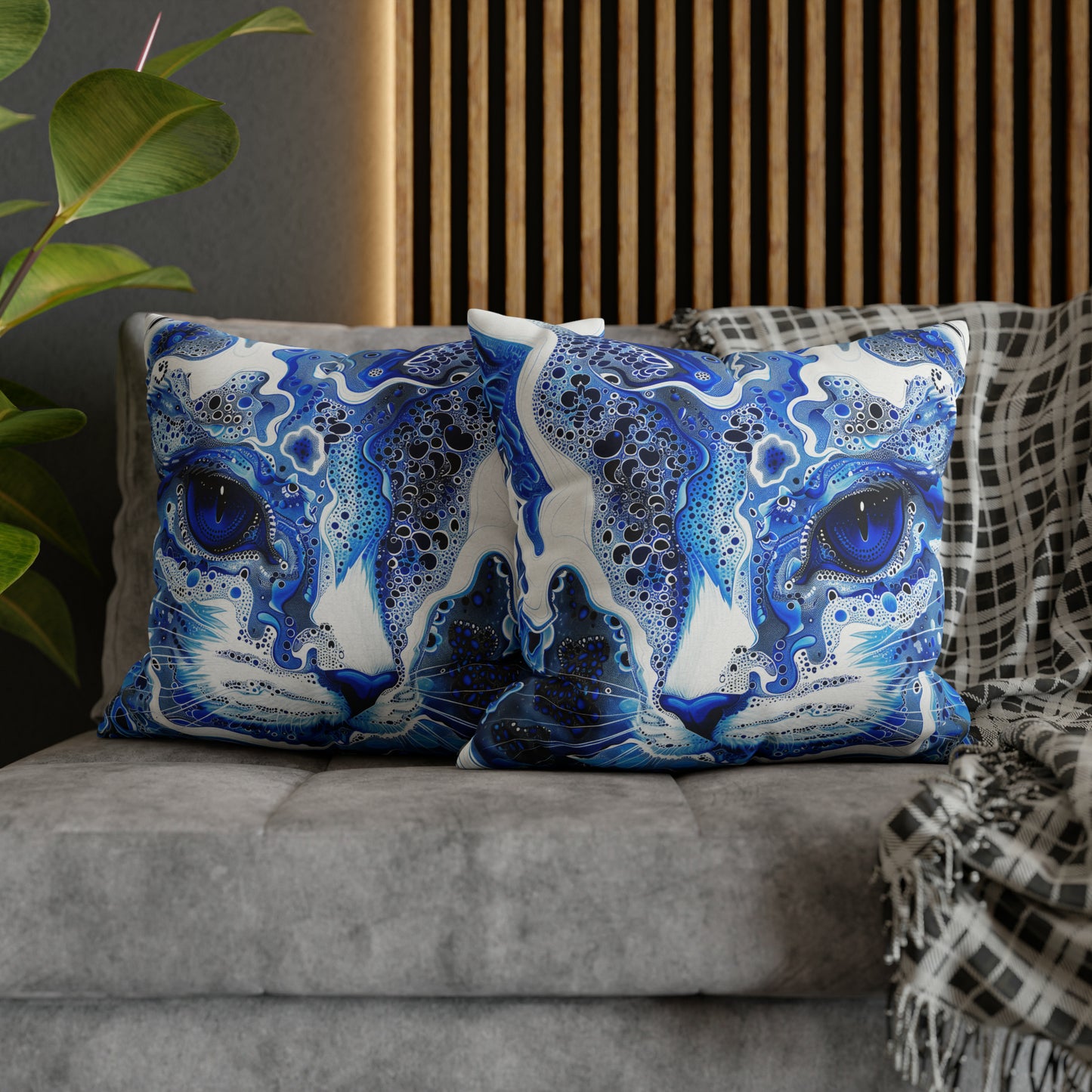 Modern style Blue cat pillow, beautiful animal accent pillow, Home decor for cat lover, unique whimsical cat theme, abstract art style, case only