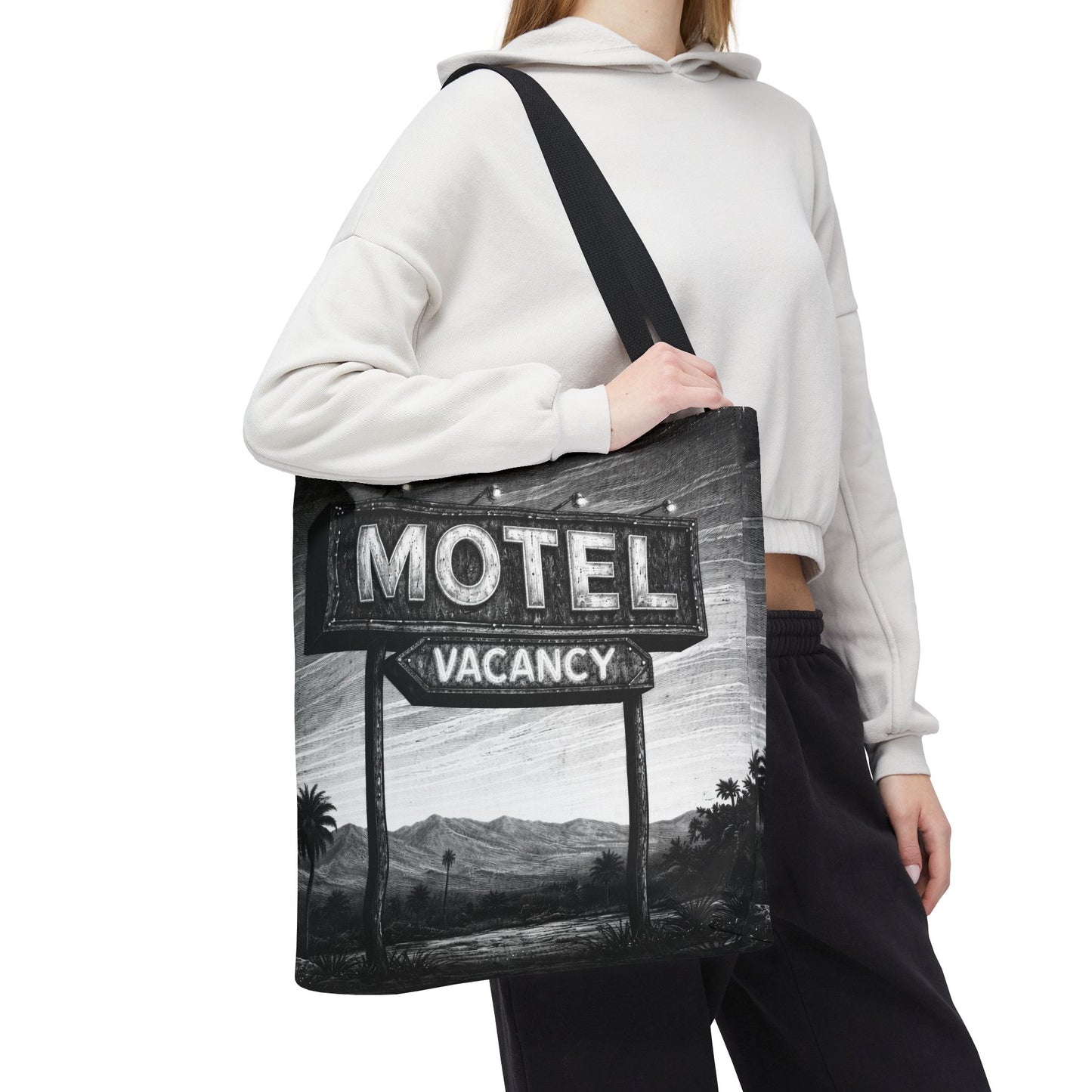 Retro Tote Bag — Vintage Palm Springs 'MOTEL VACANCY' Black & White Roadside Sign Tote, Desert Vibes