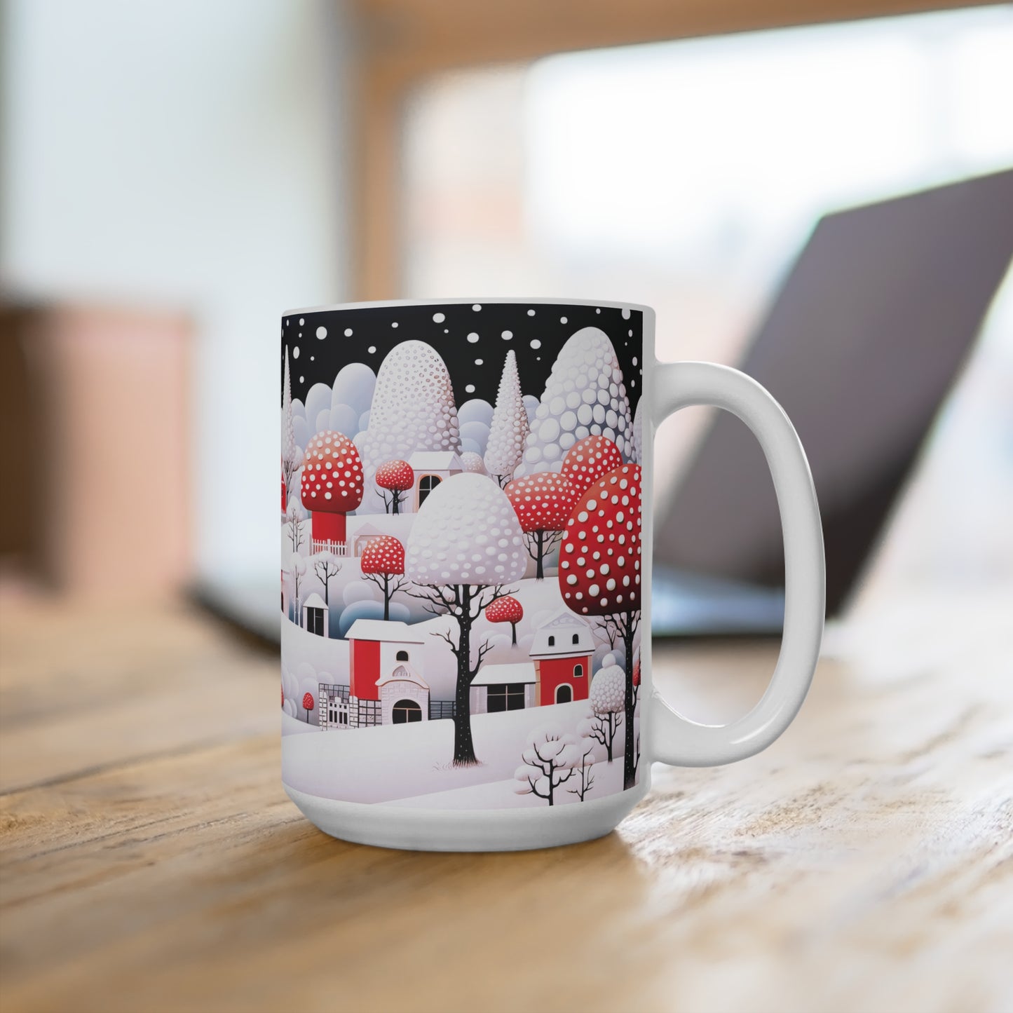 Mug 15oz With Snowy Holiday Mushroom town