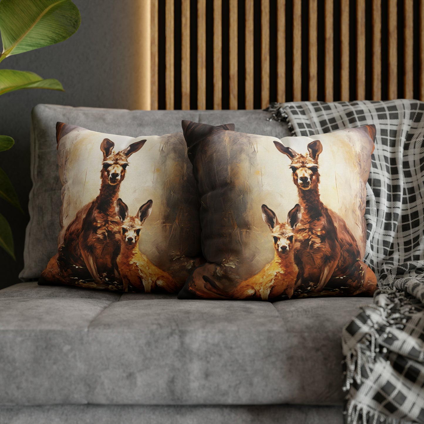 Square Pillow Case 18" x 18", CASE ONLY, no pillow form, original Art ,Colorful, A Mother Kangaroo with Her Joey in the Forest