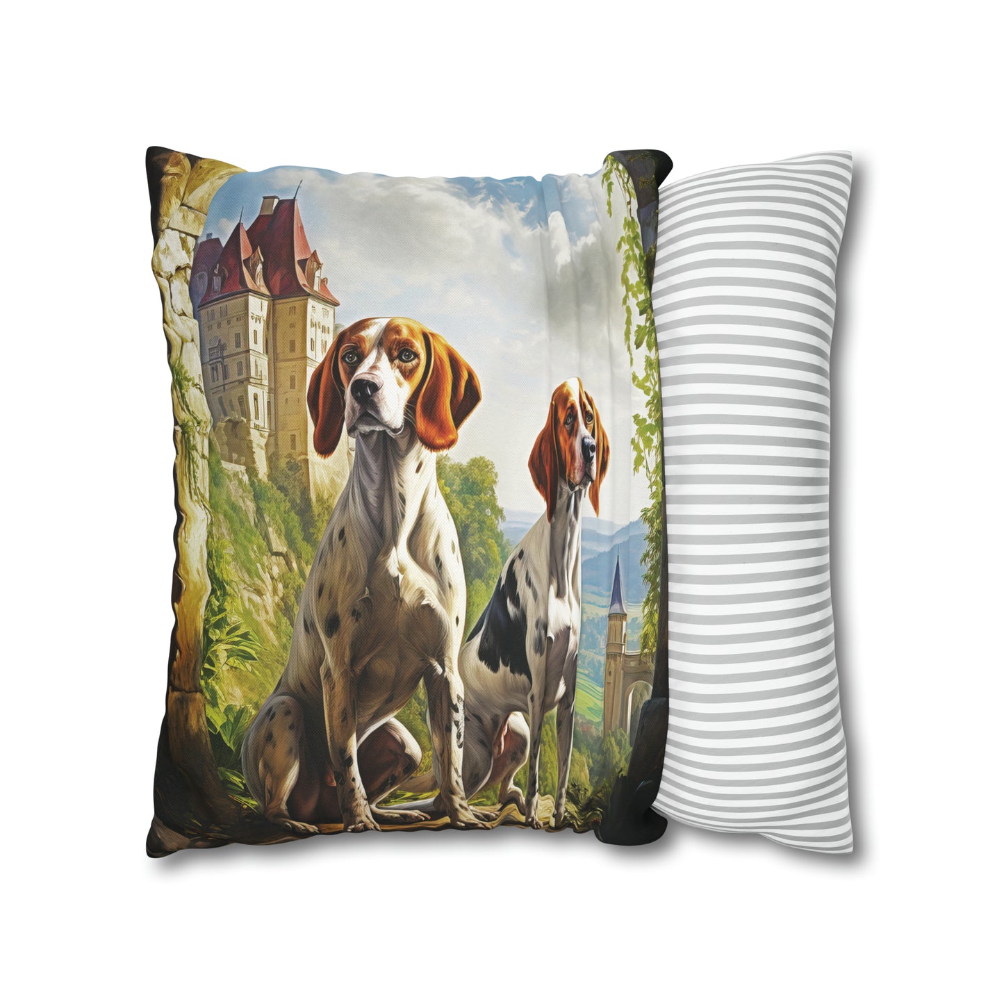 Square Pillow Case 18" x 18", CASE ONLY, no pillow form, original Art ,Colorful, Two Hunting Hounds in the French Countryside