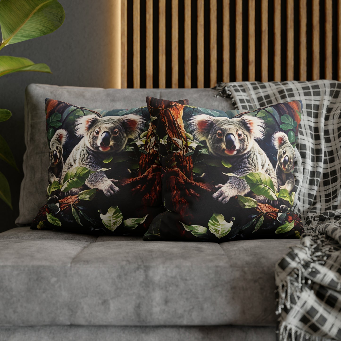 Square Pillow Case 18" x 18", CASE ONLY, no pillow form, original Art ,Colorful, Mother and Joey Koala on a Tree Branch in the Forest