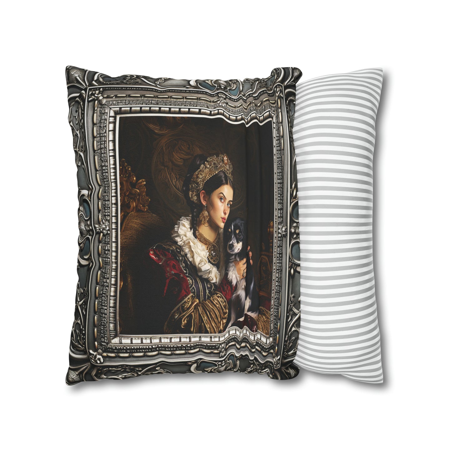 Square Pillow Case 18" x 18", CASE ONLY, no pillow form, original Art ,a Painting of Nobleman's Daughter with her Dog Antique Frame