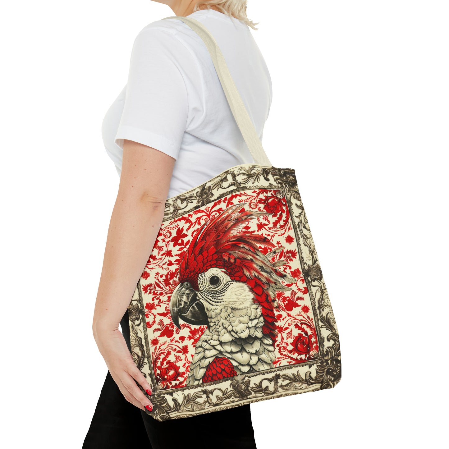 Canvas Tote Bag, vintage inspired bird design in red, vibrant artistic accessory, all over print bag