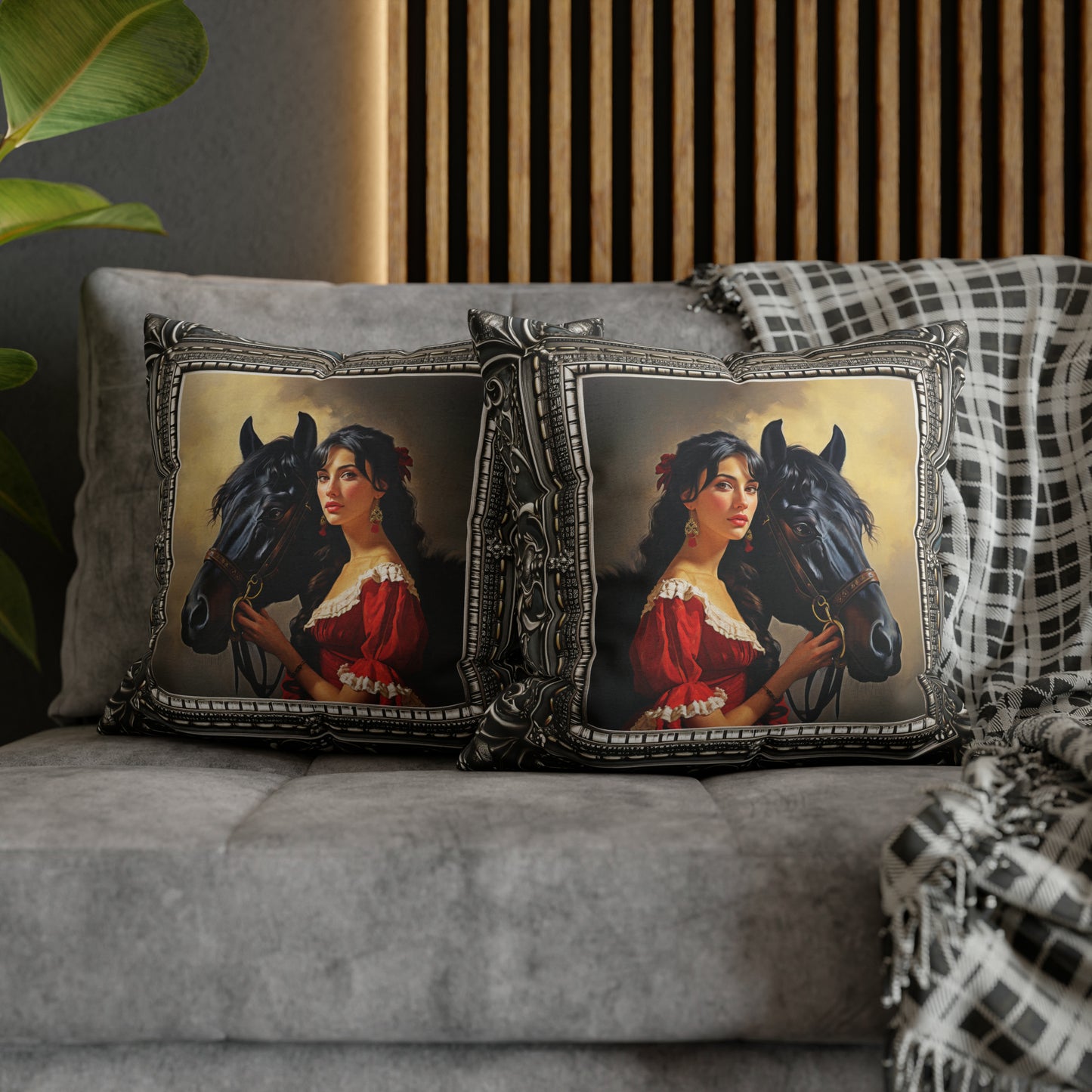 Square Pillow Case 18" x 18", CASE ONLY, no pillow form, original Art, A beautiful Painting of a Woman and Her Horse in an Antique Frame