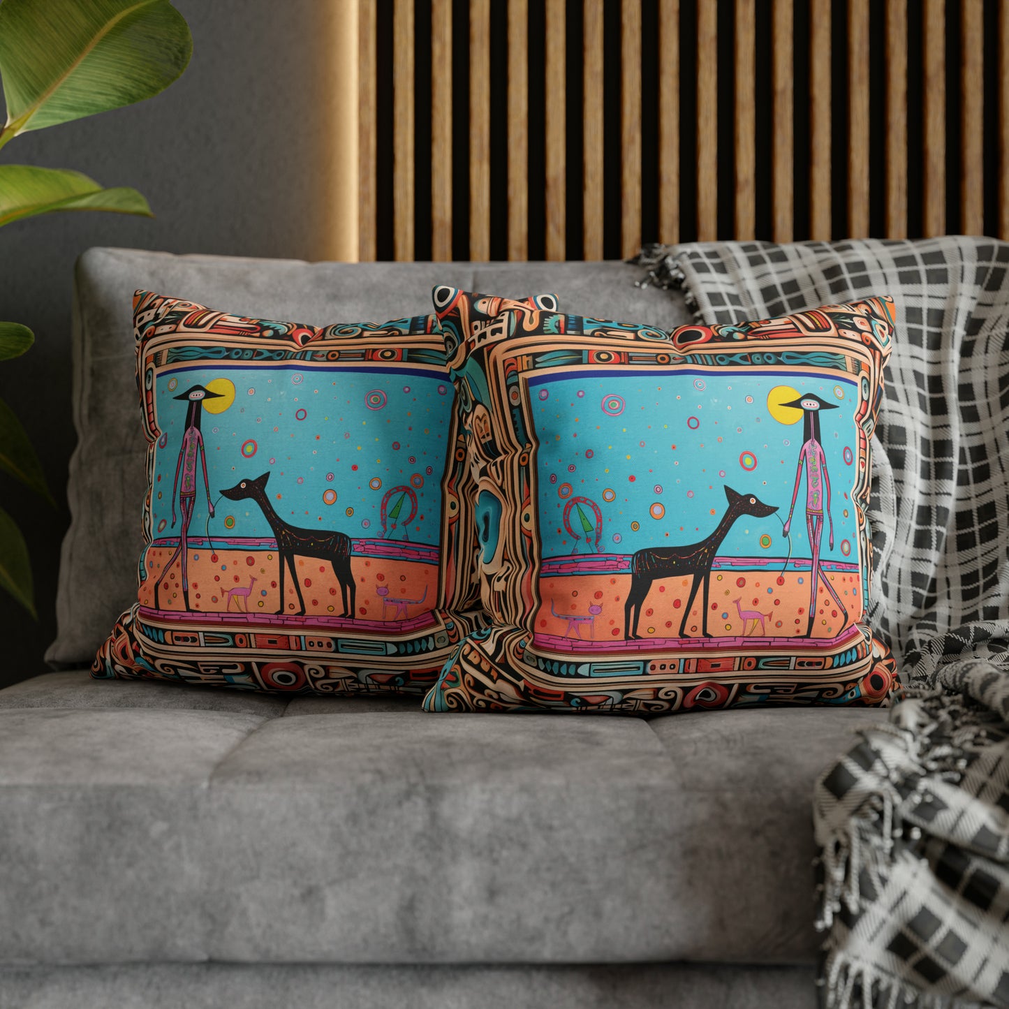 Square Pillow Case 18" x 18", CASE ONLY, no pillow form, original Pop Art Style, Alien Walking Her Dog, Image in a Frame