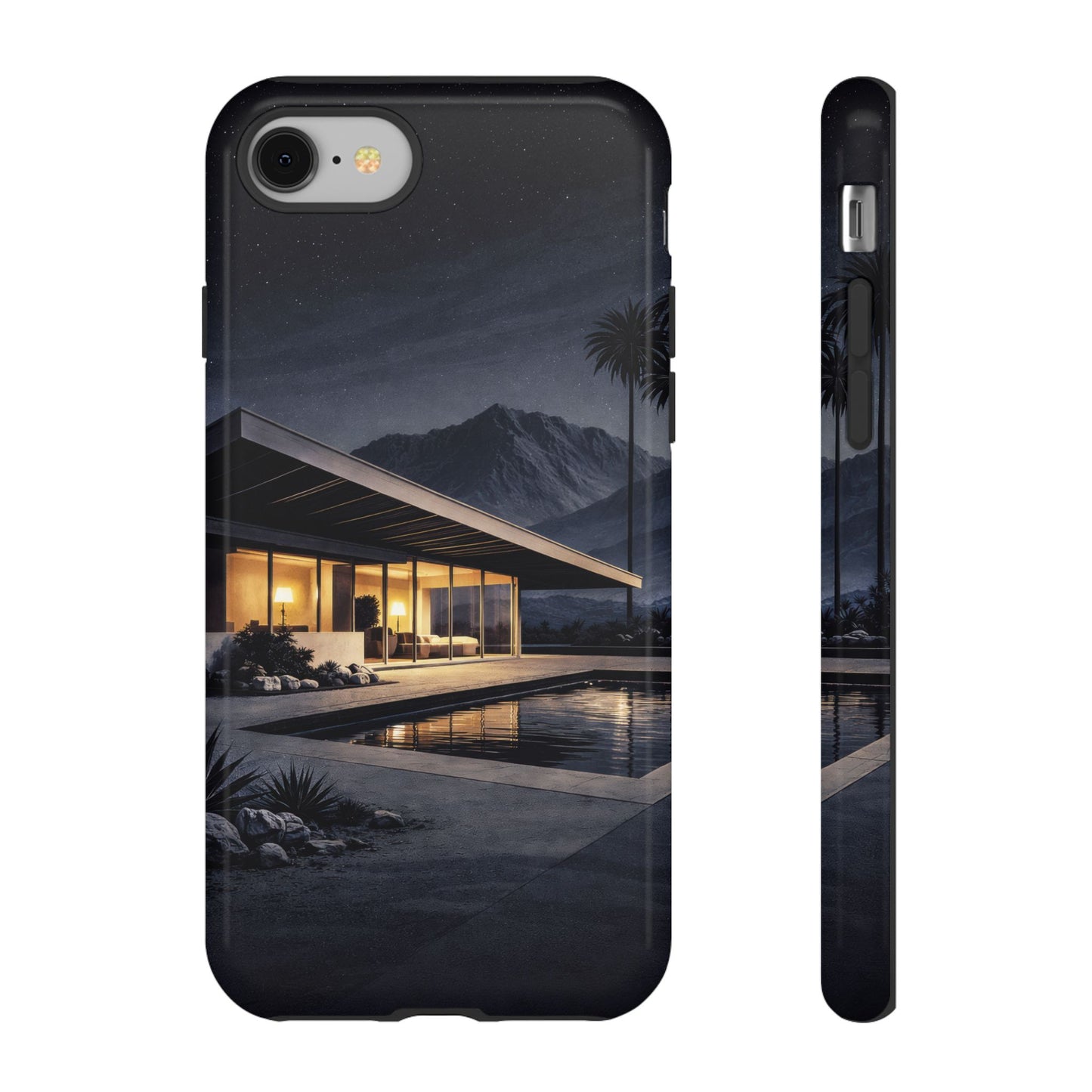 Modern Palm Springs House Phone Case — Mid-Century Poolside Evening Scene