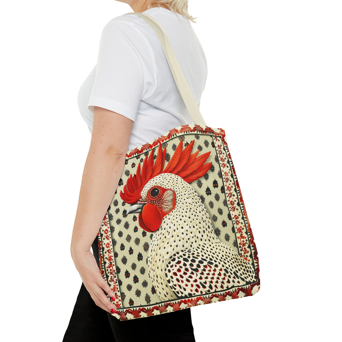 Canvas Tote Bag, vintage inspired rooster design, vibrant artistic accessory, whimsical all over print bag in three sizes