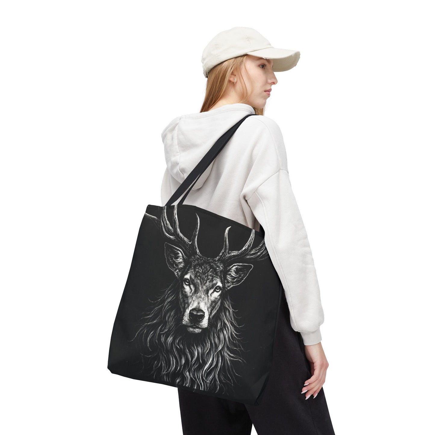 Stag Portrait Drawing Tote Bag - Dark Deer Illustration Canvas Tote