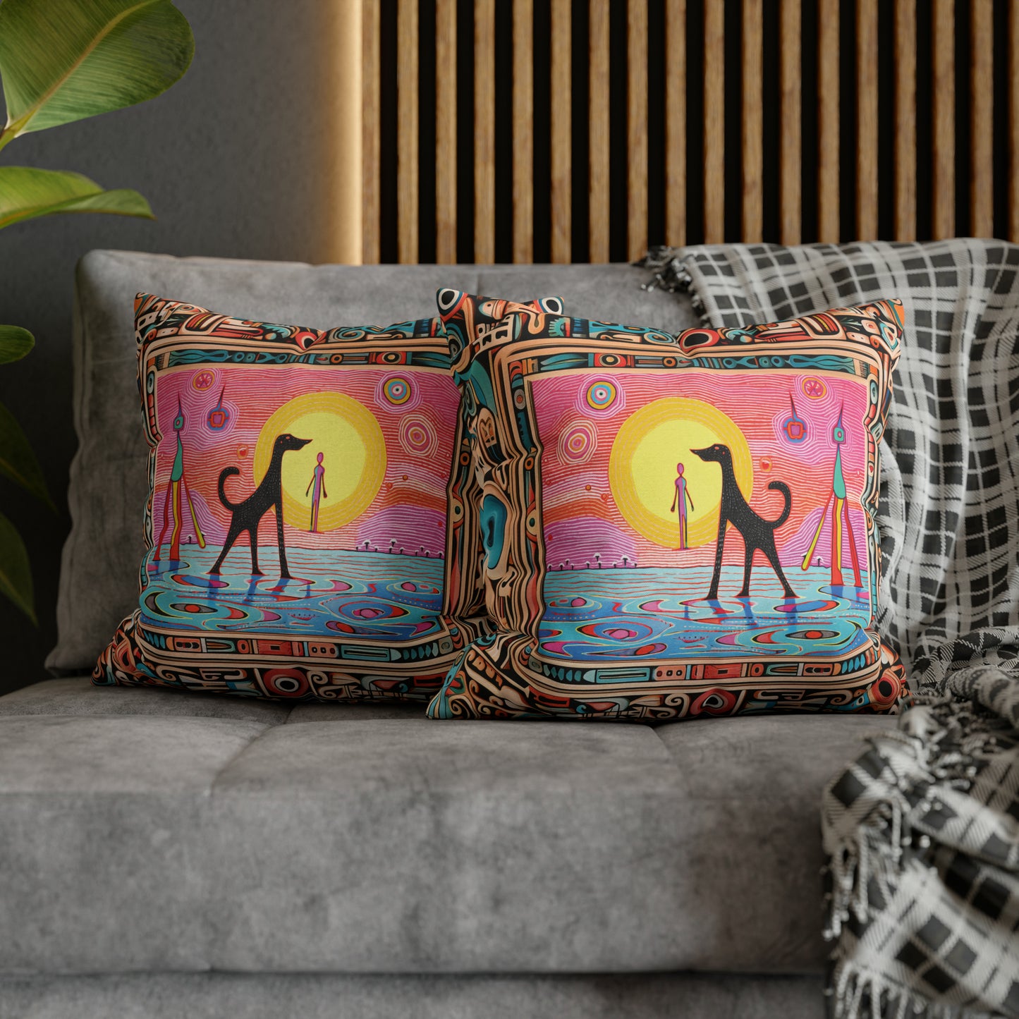 Square Pillow Case 18" x 18", CASE ONLY, no pillow form, original Pop Art Style, Alien Dog Taking a Swim, Image in a frame