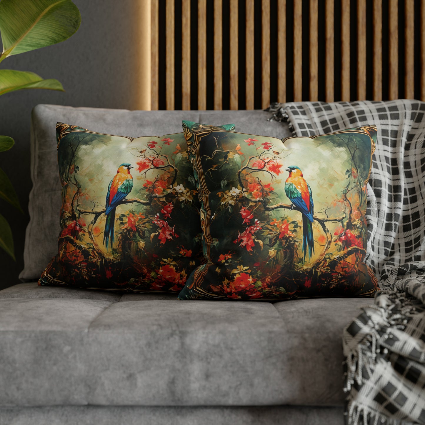 Square Pillow Case 18" x 18", CASE ONLY, no pillow form, original Art , a Colorful Bird on a Flowering Branch in the Forest