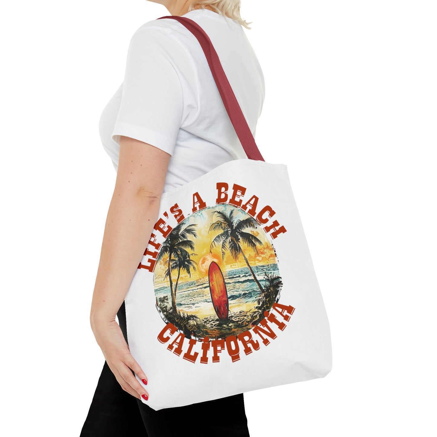 Life's a beach with red strap Tote Bag (AOP)