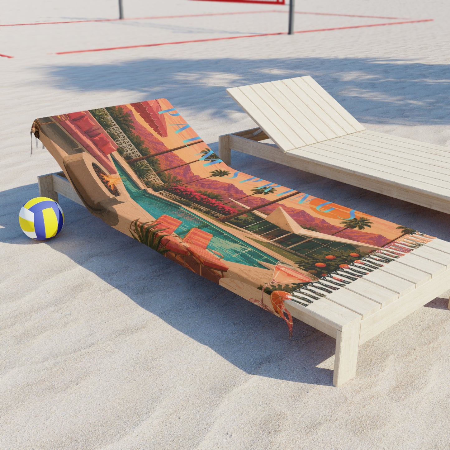 Boho Beach Towel – Retro Palm Springs Poolside Print 38" x 81"