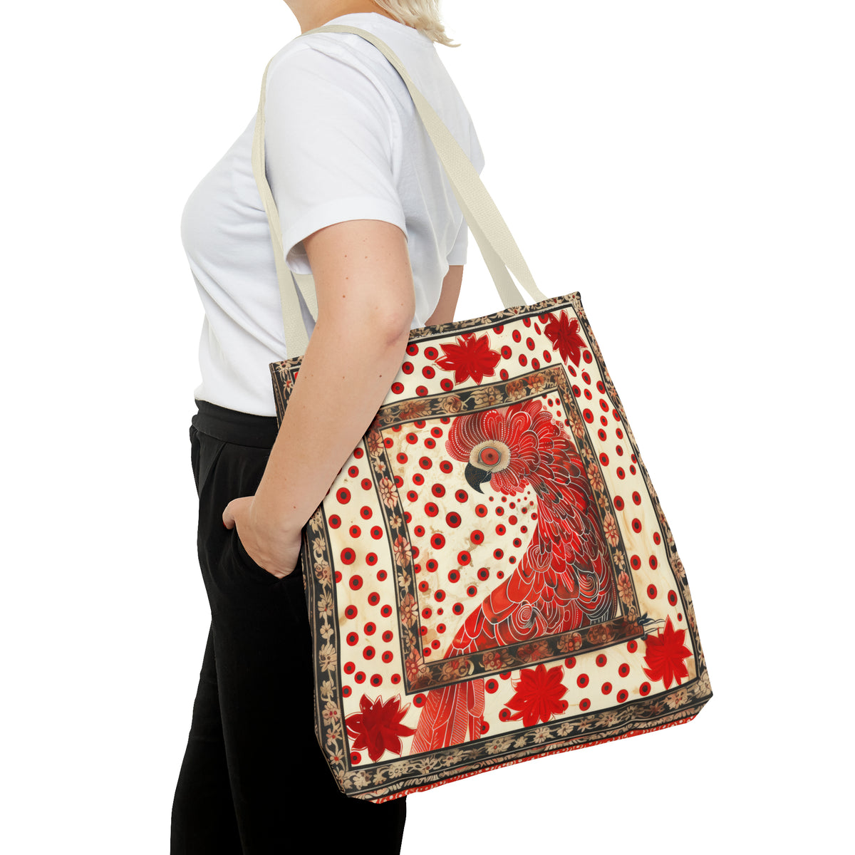 CanvasTote Bag, vintage inspired red cockatoo design, whimsical colorful printed bag, accessory tote , three sizes, all over print