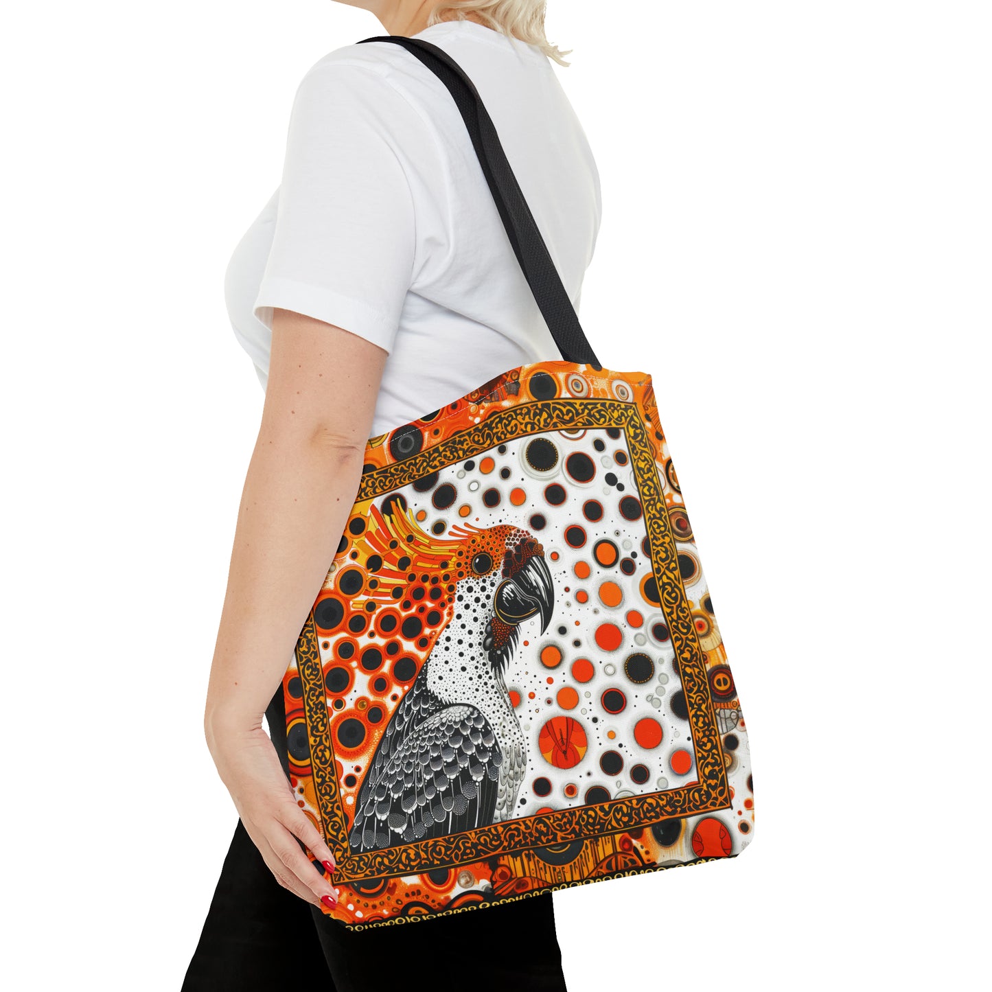 Canvas Tote Bag, Mod inspired orange bird design, vibrant artistic accessory, whimsical all over print bag in three sizes with cockatoo design