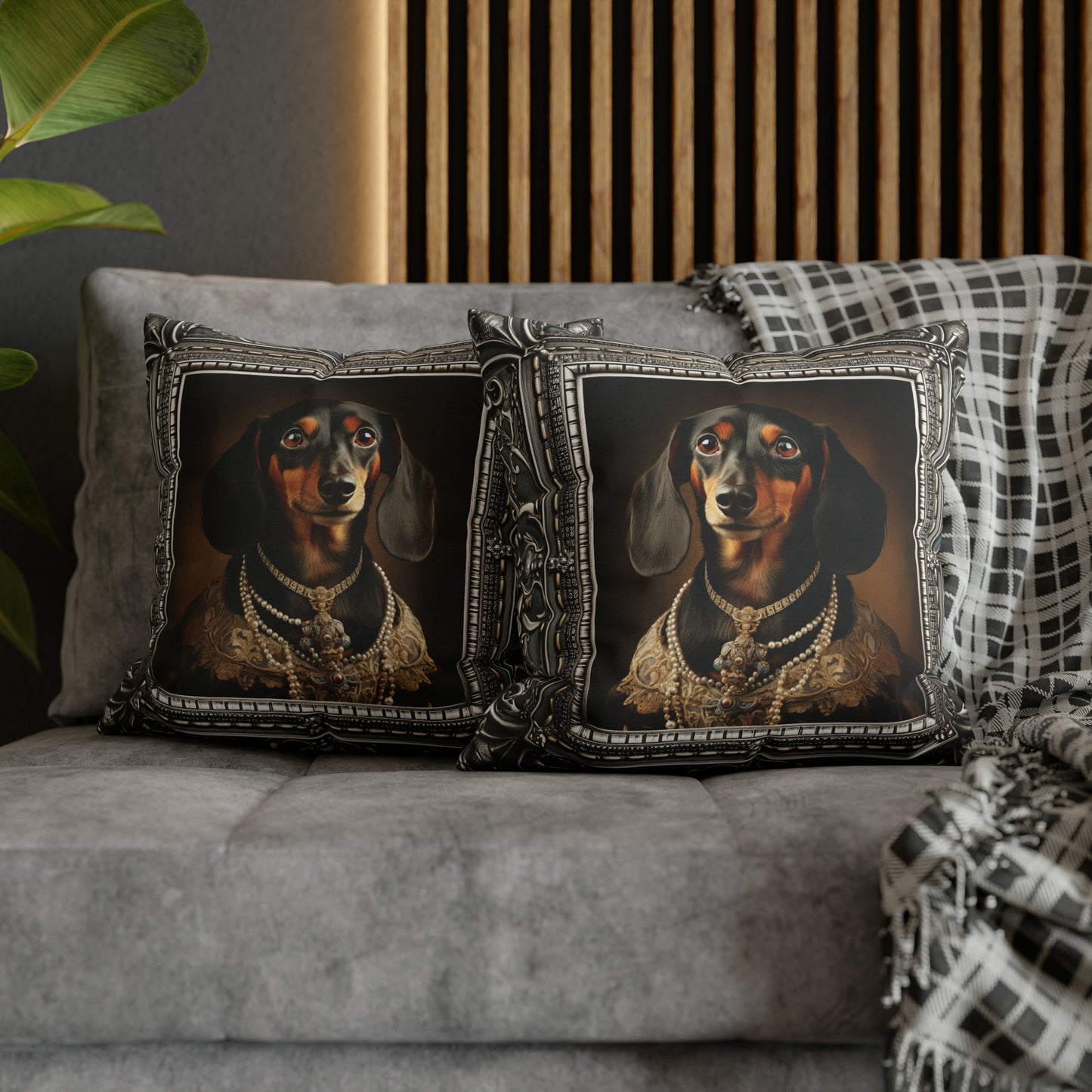Square Pillow Case 18" x 18", CASE ONLY, no pillow form, original Art ,a Beautiful Painting of a Dachshund in a silver frame.