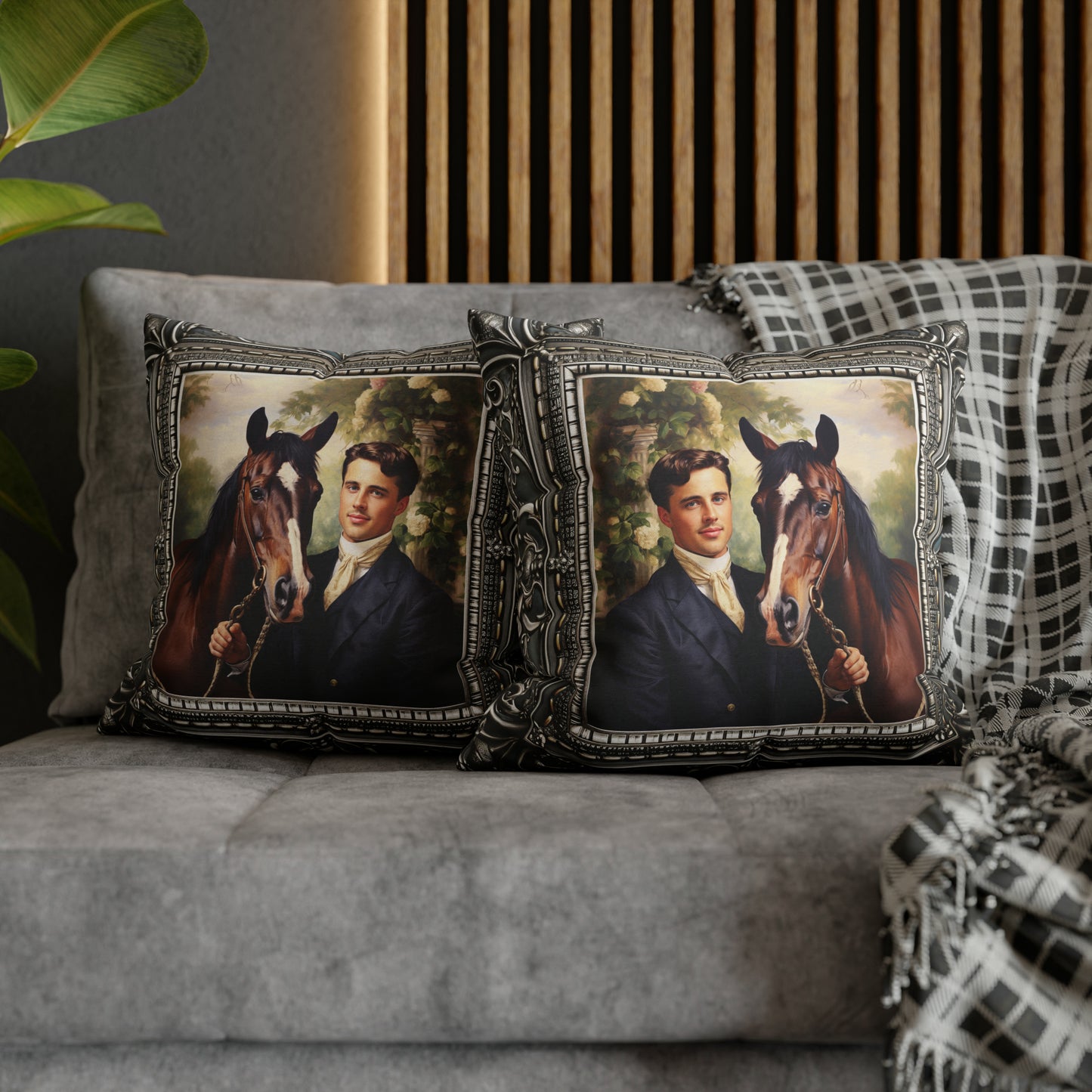 Square Pillow Case 18" x 18", CASE ONLY, no pillow form, original Art , a painting of an English Gent and His Horse Antique Frame
