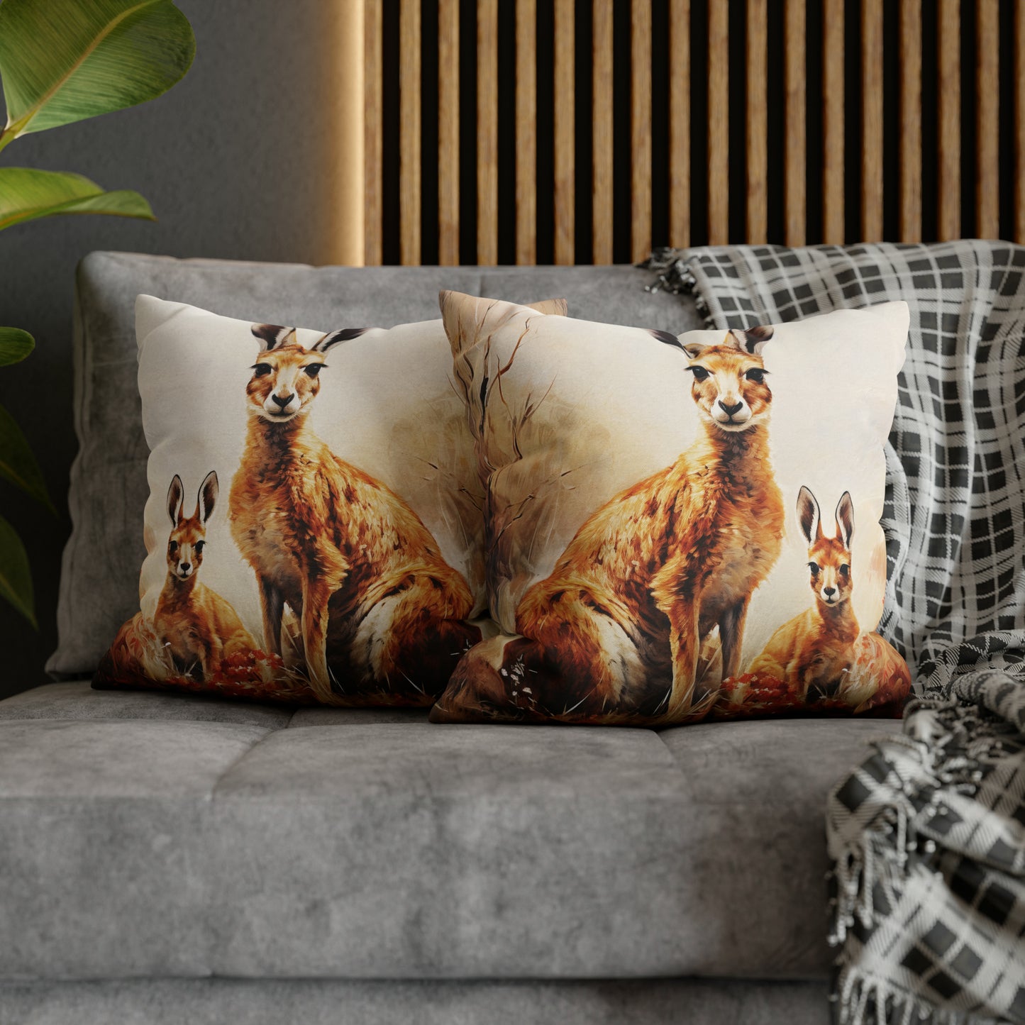 Square Pillow Case 18" x 18", CASE ONLY, no pillow form, original Art ,Colorful, a Mother and Joey in the Tall Golden Grass