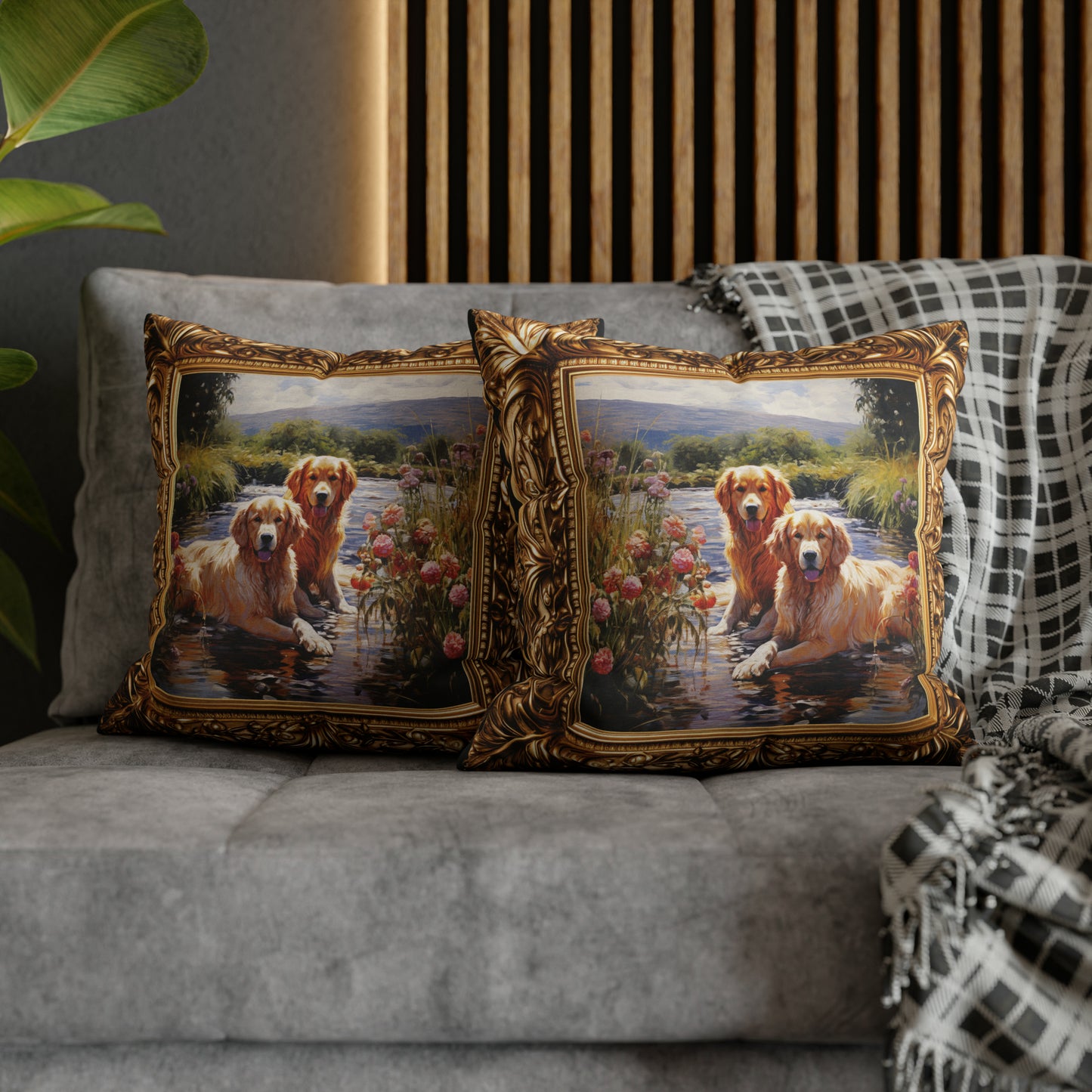 Square Pillow Case 18" x 18", CASE ONLY, no pillow form, original Art, A Portrait of a pair of Golden Retriever's in a stream
