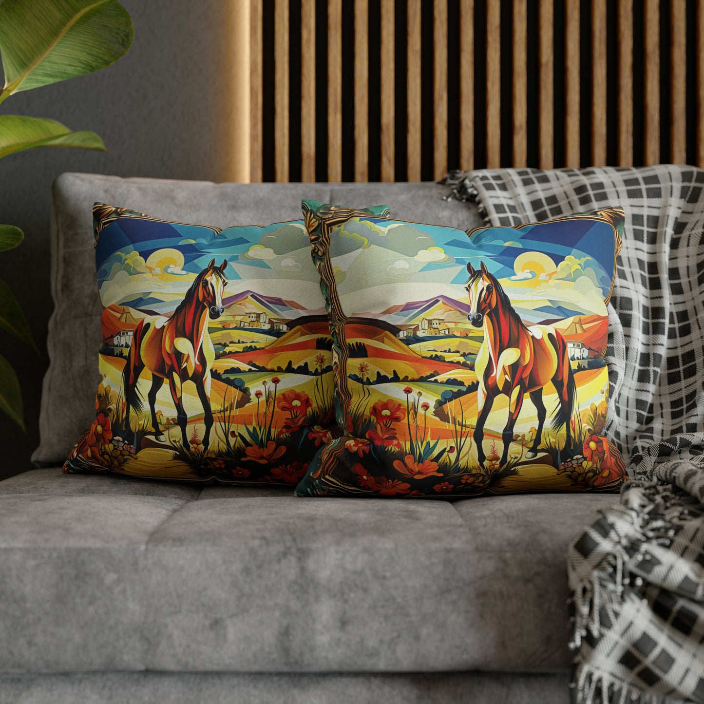 Square Pillow Case 18" x 18", CASE ONLY, no pillow form, original Art ,Colorful, A beautiful Golden Horse on a Golden Landscape with a Village in the Distance