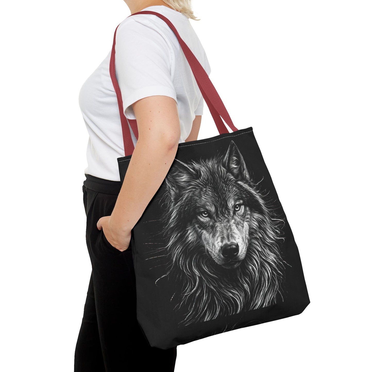 Wolf Portrait Drawing Tote Bag — Black Realistic Wolf Face All-Over Print