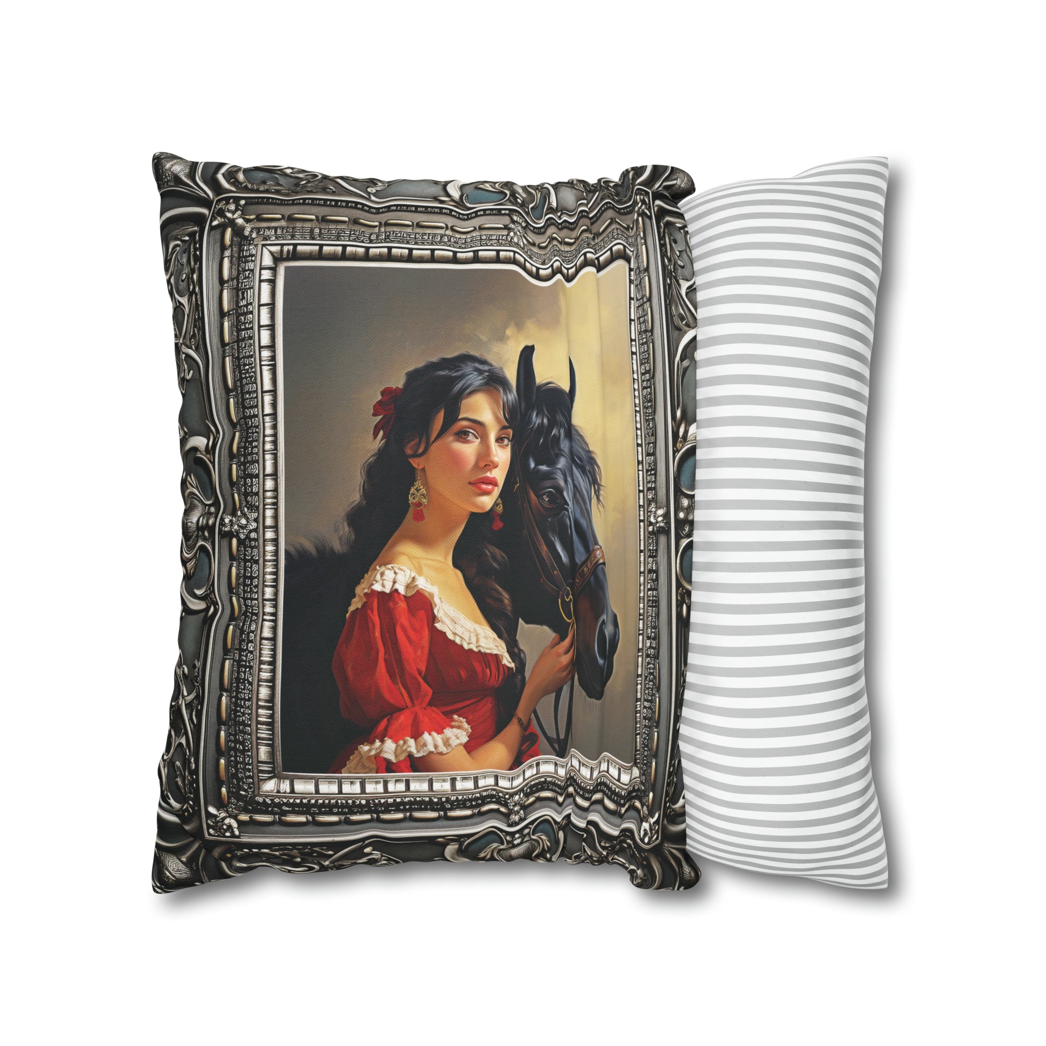 Square Pillow Case 18" x 18", CASE ONLY, no pillow form, original Art, A beautiful Painting of a Woman and Her Horse in an Antique Frame