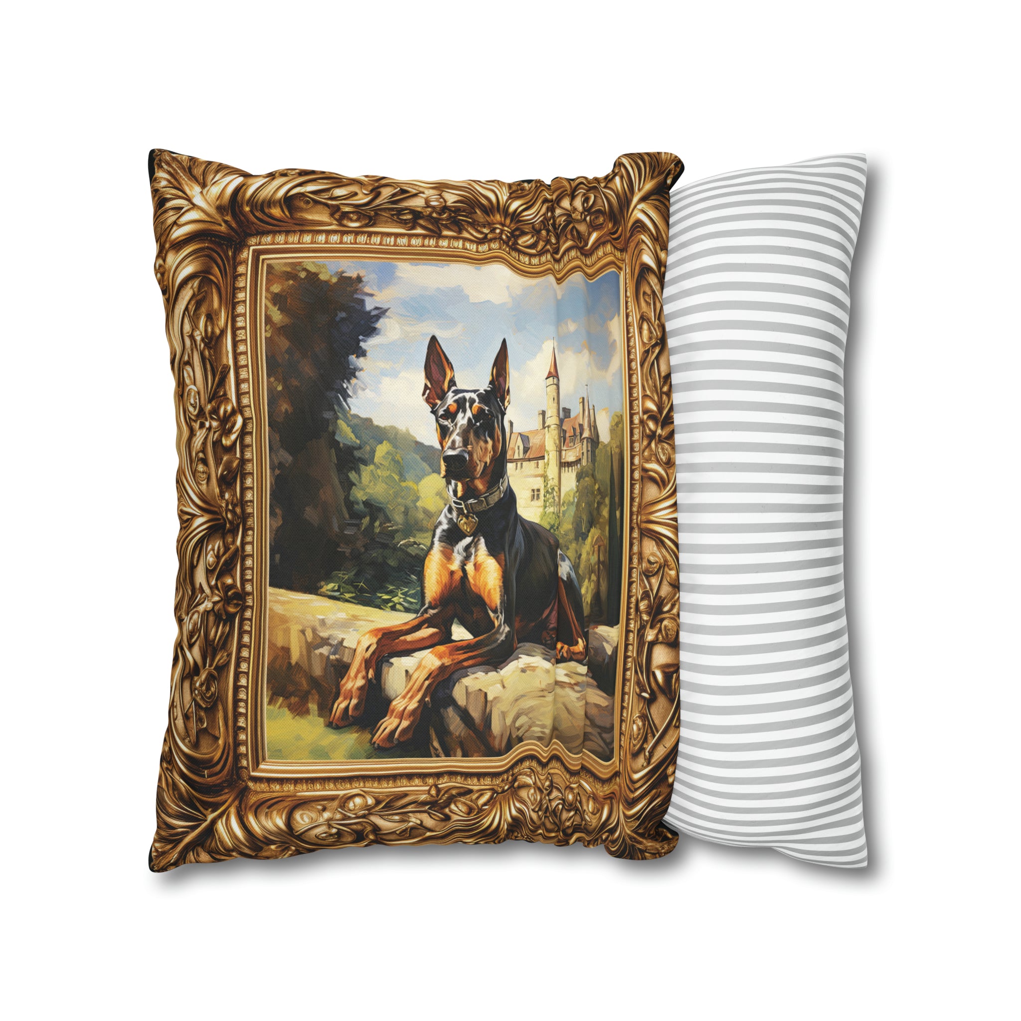Square Pillow Case 18" x 18", CASE ONLY, no pillow form, original Art ,a Beautiful Painting of a Doberman in the English countryside.
