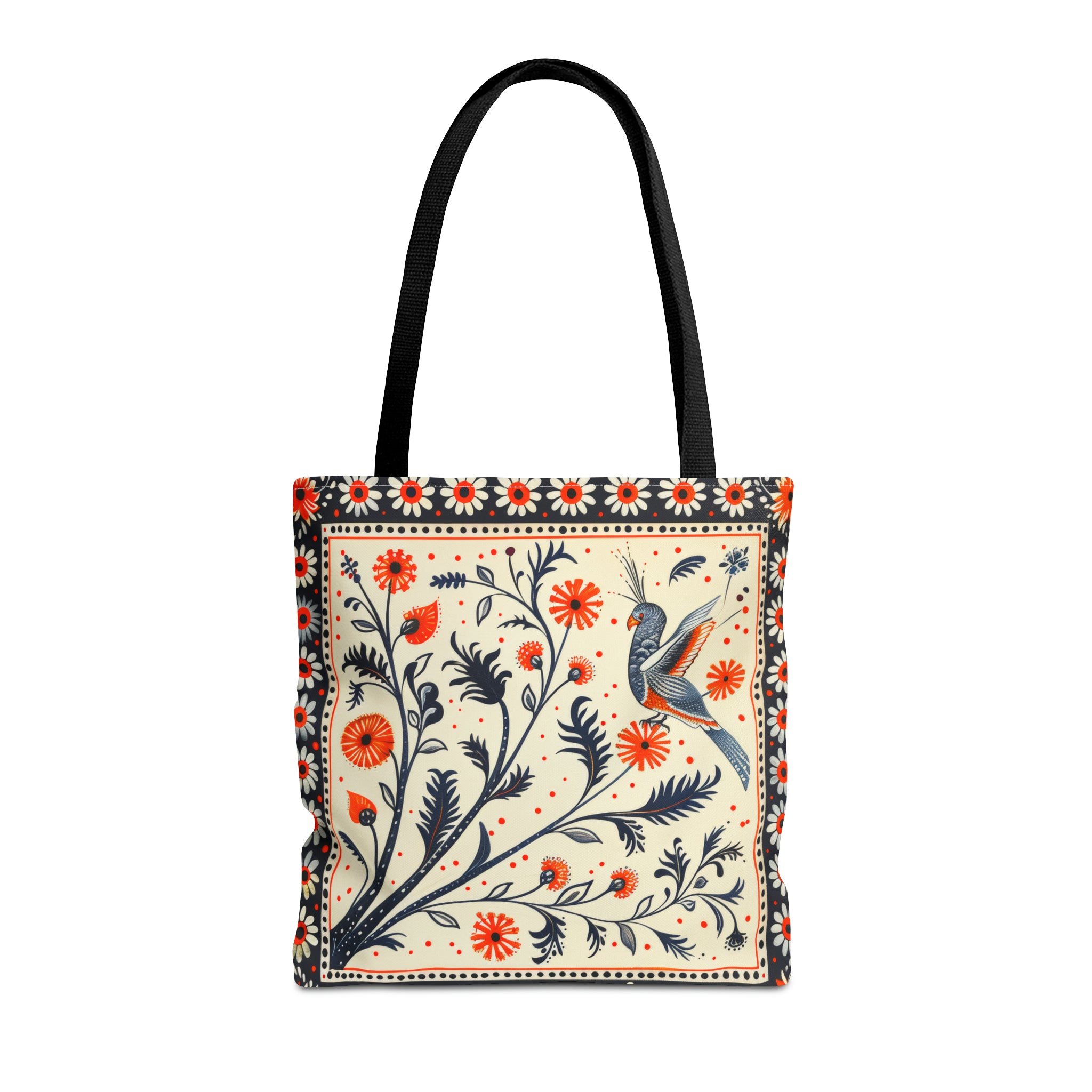 Canvas Tote Bag, red & black vintage inspired bird on a branch design, vibrant artistic accessory, whimsical all over print bag in three sizes