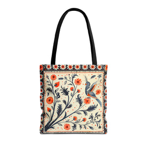 Canvas Tote Bag, red & black vintage inspired bird on a branch design, vibrant artistic accessory, whimsical all over print bag in three sizes