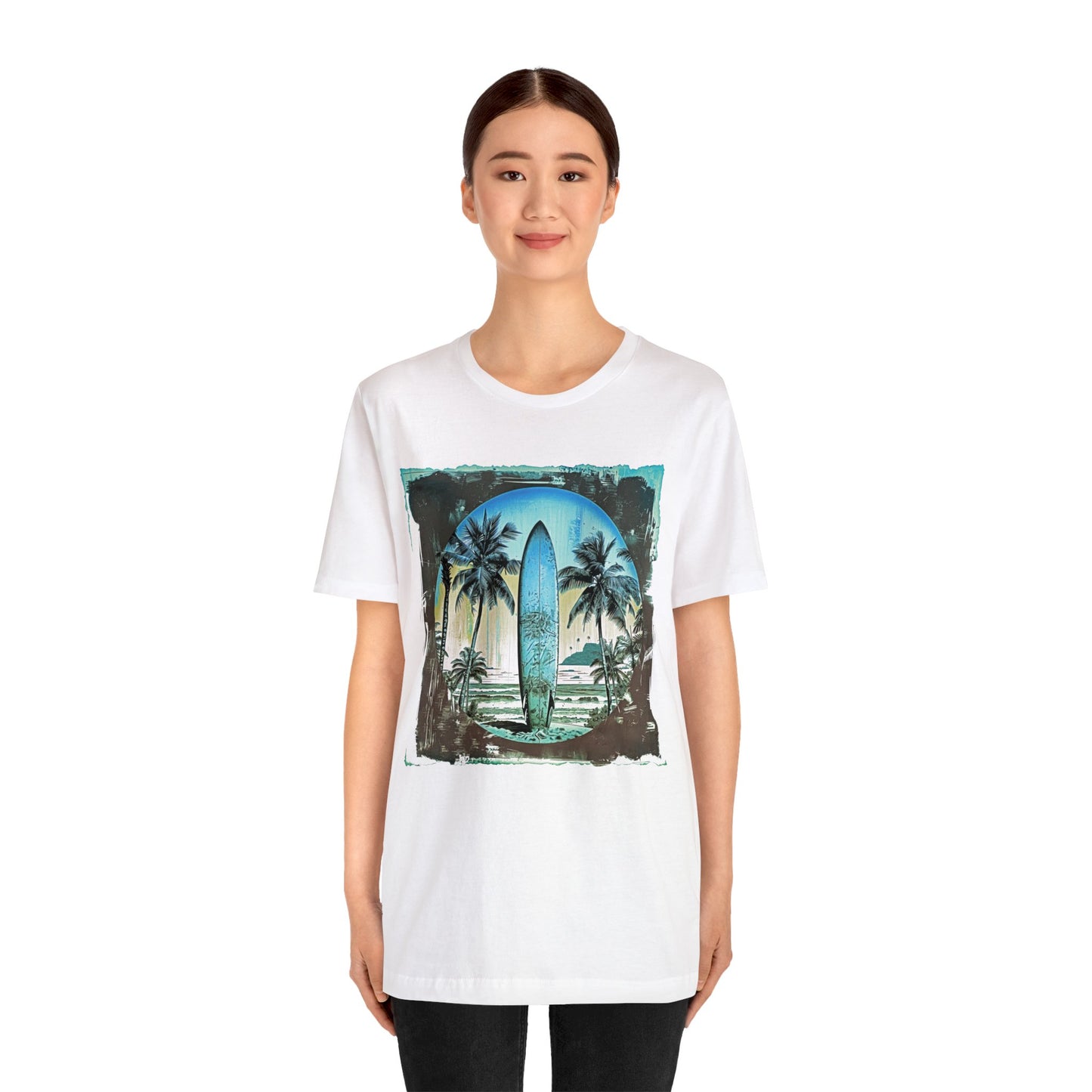 Blue board on the beach Unisex Jersey Short Sleeve Tee