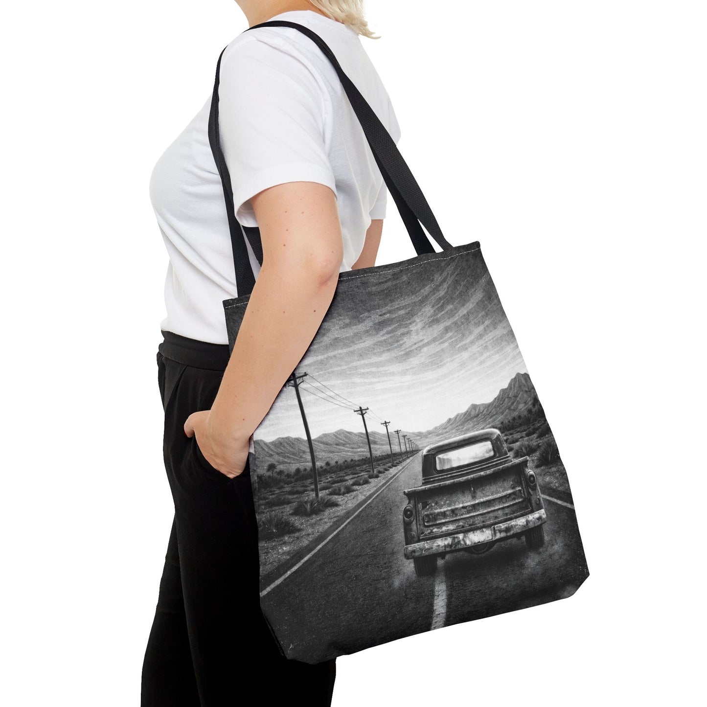 Vintage Road Trip Tote Bag — Black & White Classic Vintage Truck Travel Scene
