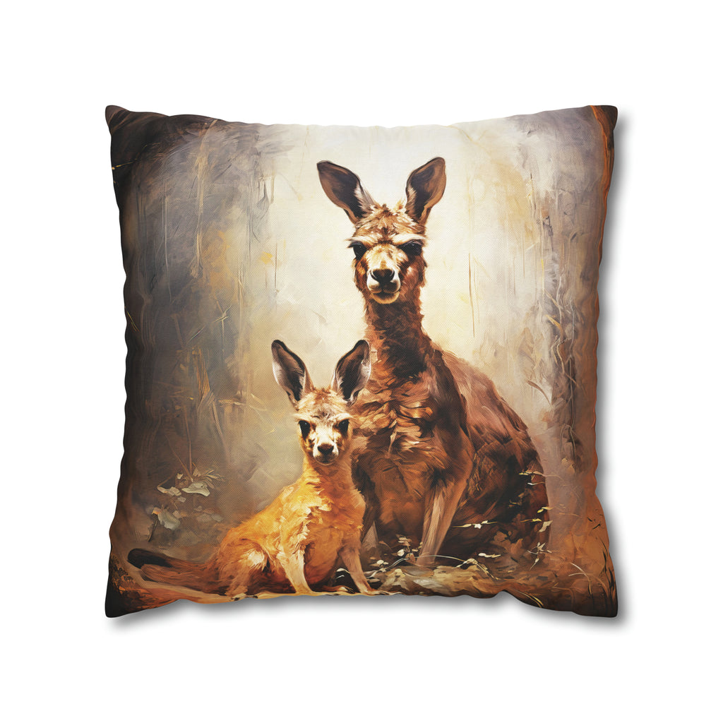 Square Pillow Case 18" x 18", CASE ONLY, no pillow form, original Art ,Colorful, A Mother Kangaroo with Her Joey in the Forest