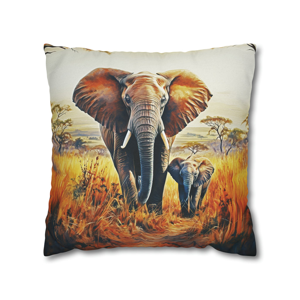 Square Pillow Case 18" x 18", CASE ONLY, no pillow form, original Art ,Colorful, a Mother Elephant and her Calf on the Plains of Africa