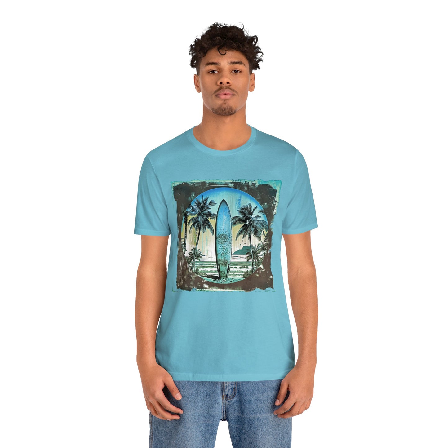 Blue board on the beach Unisex Jersey Short Sleeve Tee