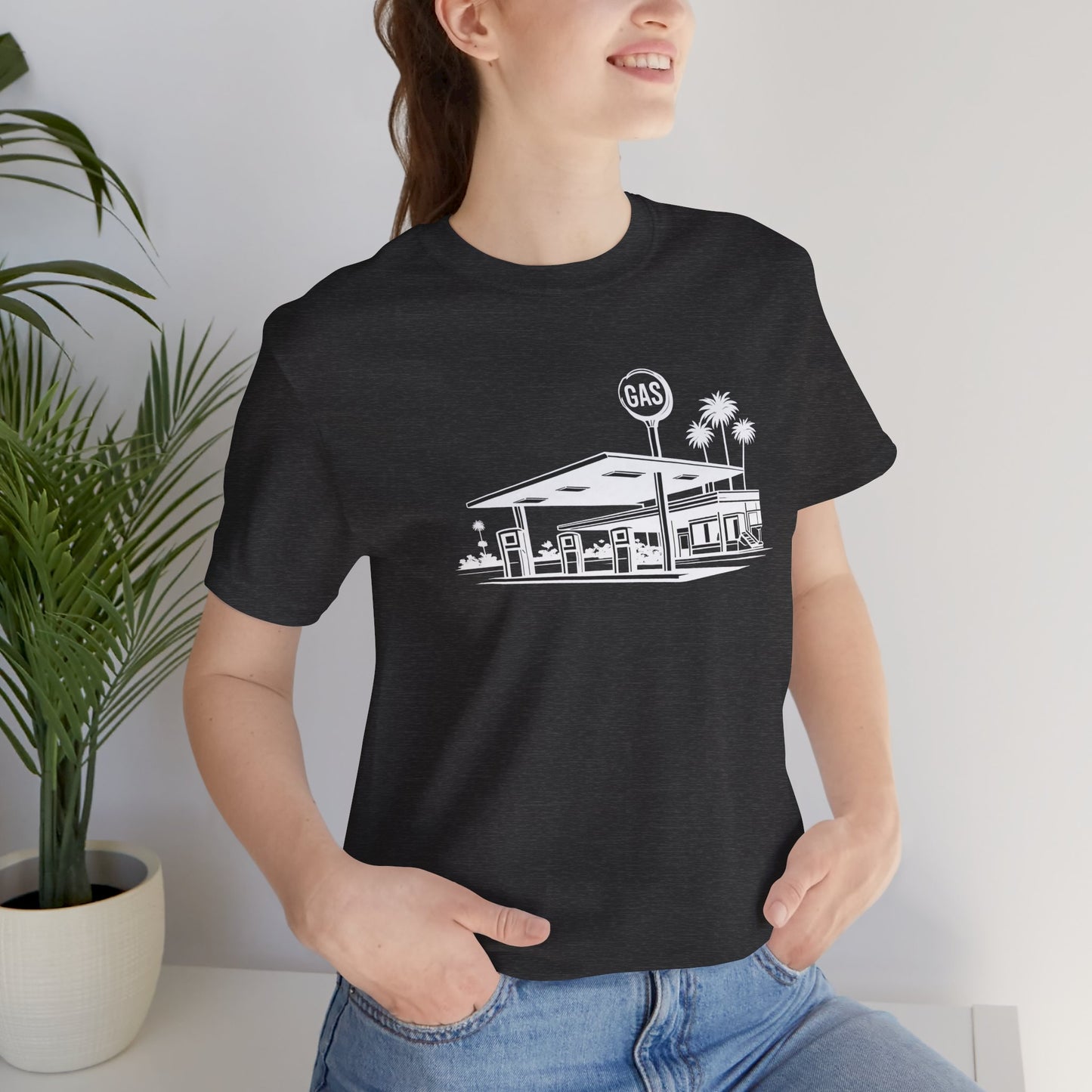 Mid Century Gas Station Graphic Tee, Icons of Mid Century series — Retro Desert Pump Illustration T-Shirt, Palm Springs Modern
