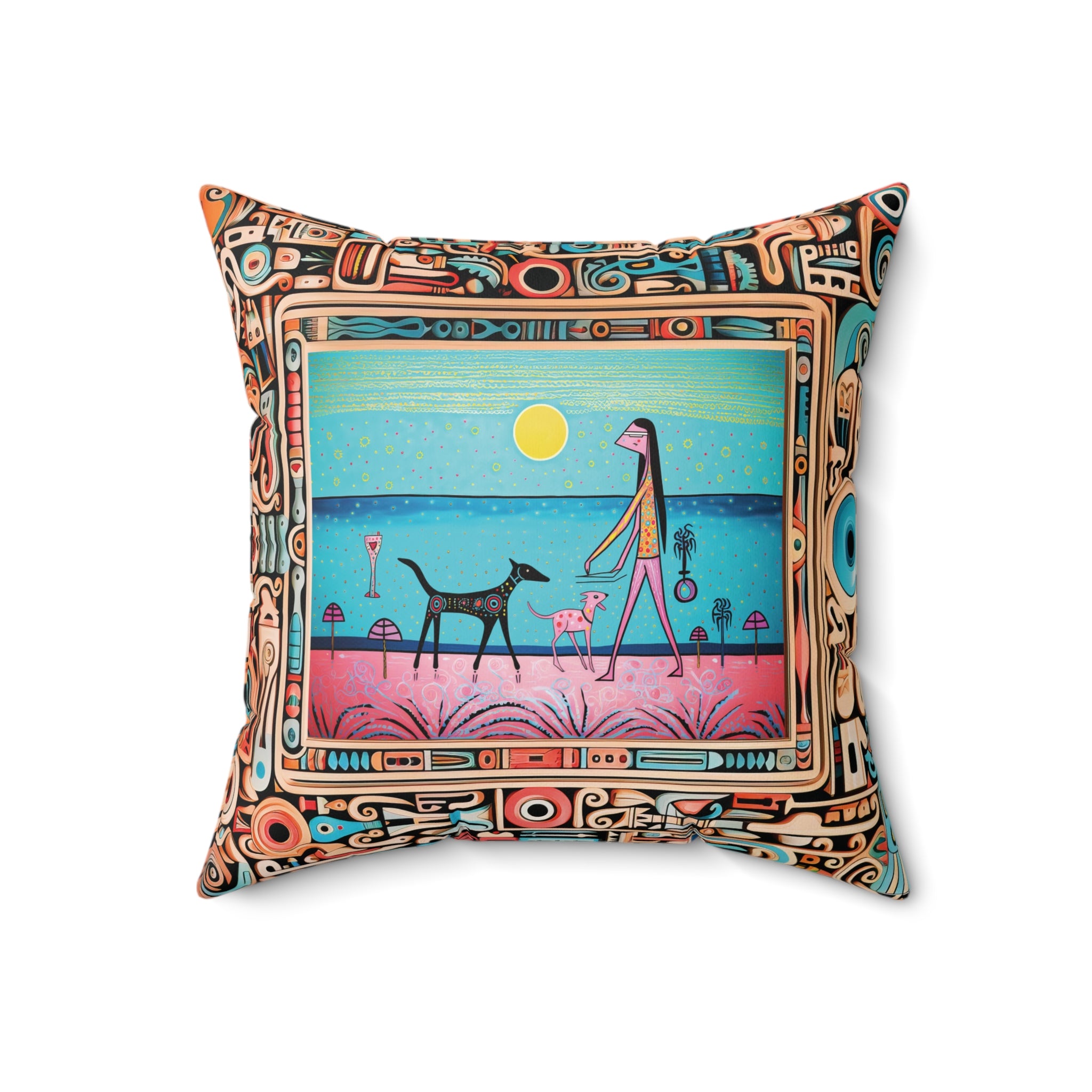 Girl and her Dog on the Beach Square Pillow