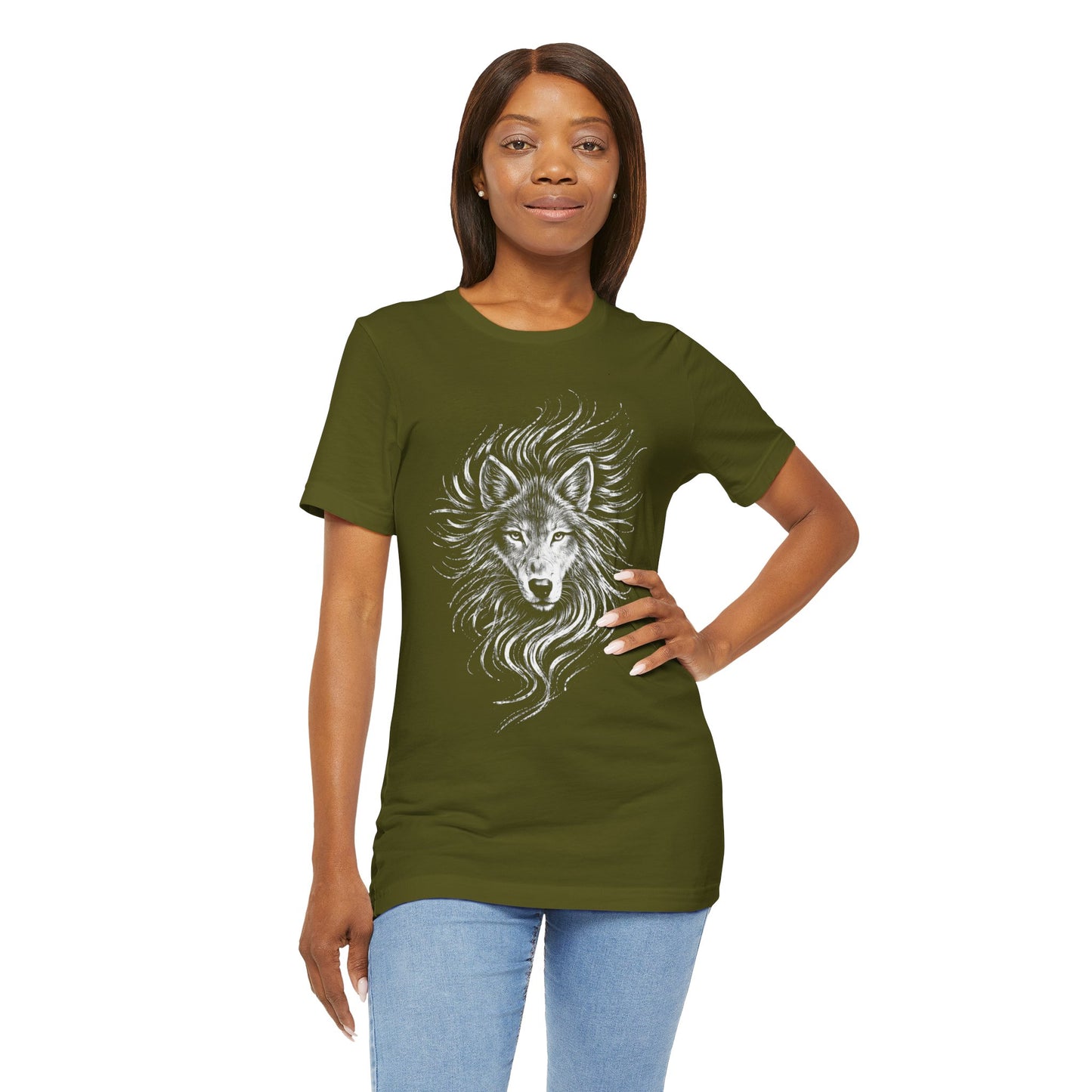 Wolf drawn Portrait T‑Shirt in chalk style — Detailed White Wolf Graphic Tee for Men & Women