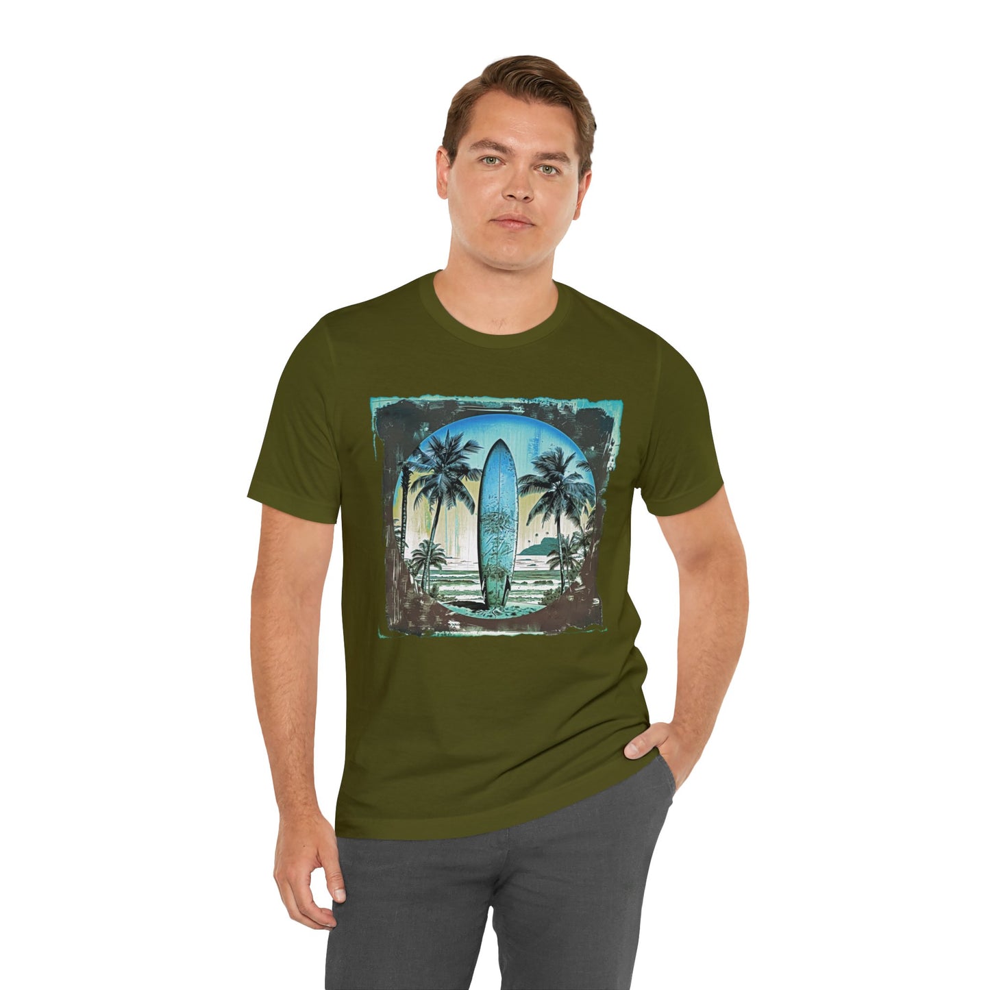 Blue board on the beach Unisex Jersey Short Sleeve Tee