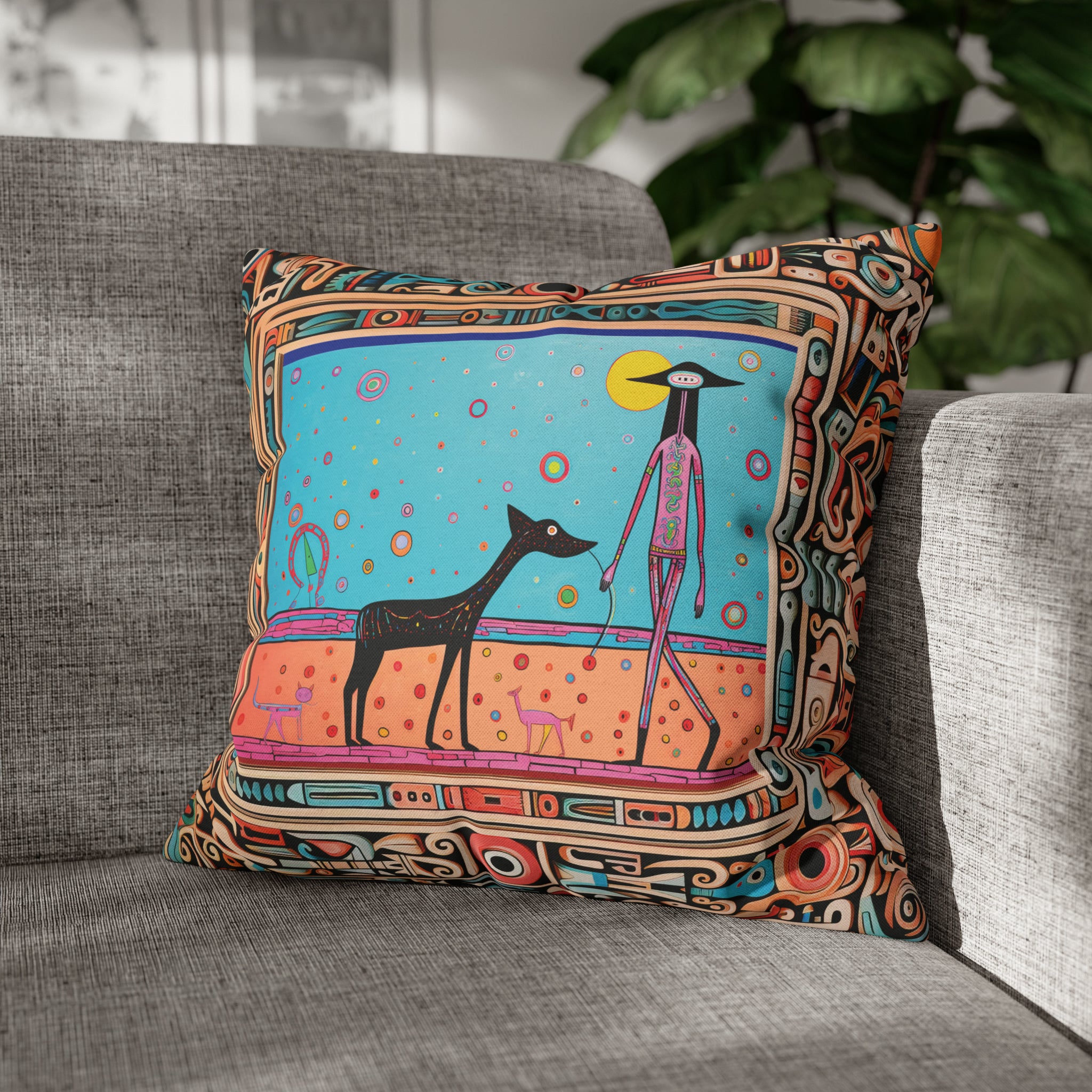 Square Pillow Case 18" x 18", CASE ONLY, no pillow form, original Pop Art Style, Alien Walking Her Dog, Image in a Frame