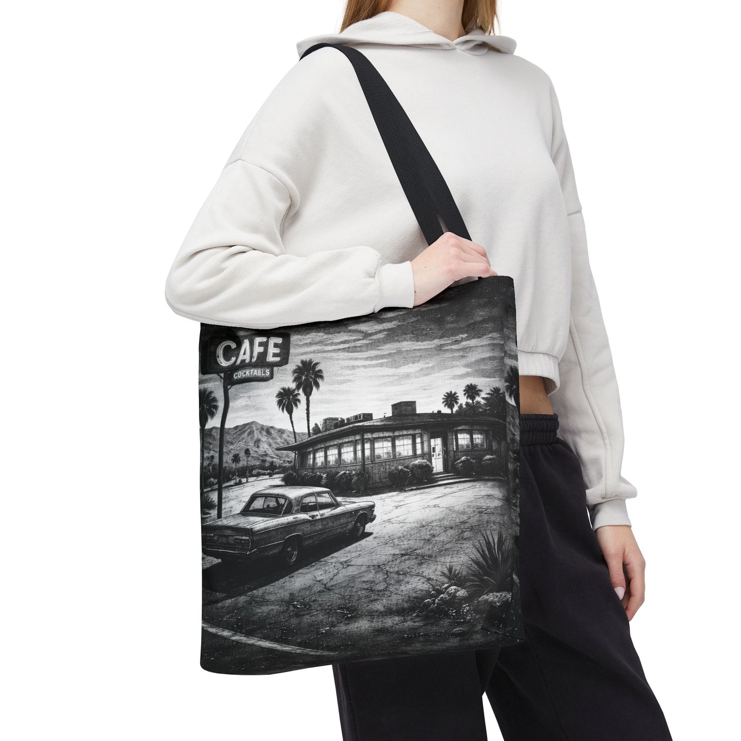 Vintage Diner Scene Tote Bag — Retro Café Black & White AOP, Vintage black & White art