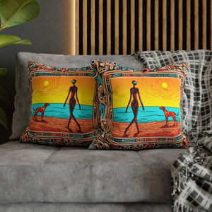Square Pillow Case 18" x 18", CASE ONLY, no pillow form, original Pop Art Style, Alien & her Spotted Dog at the Beach, In a Frame