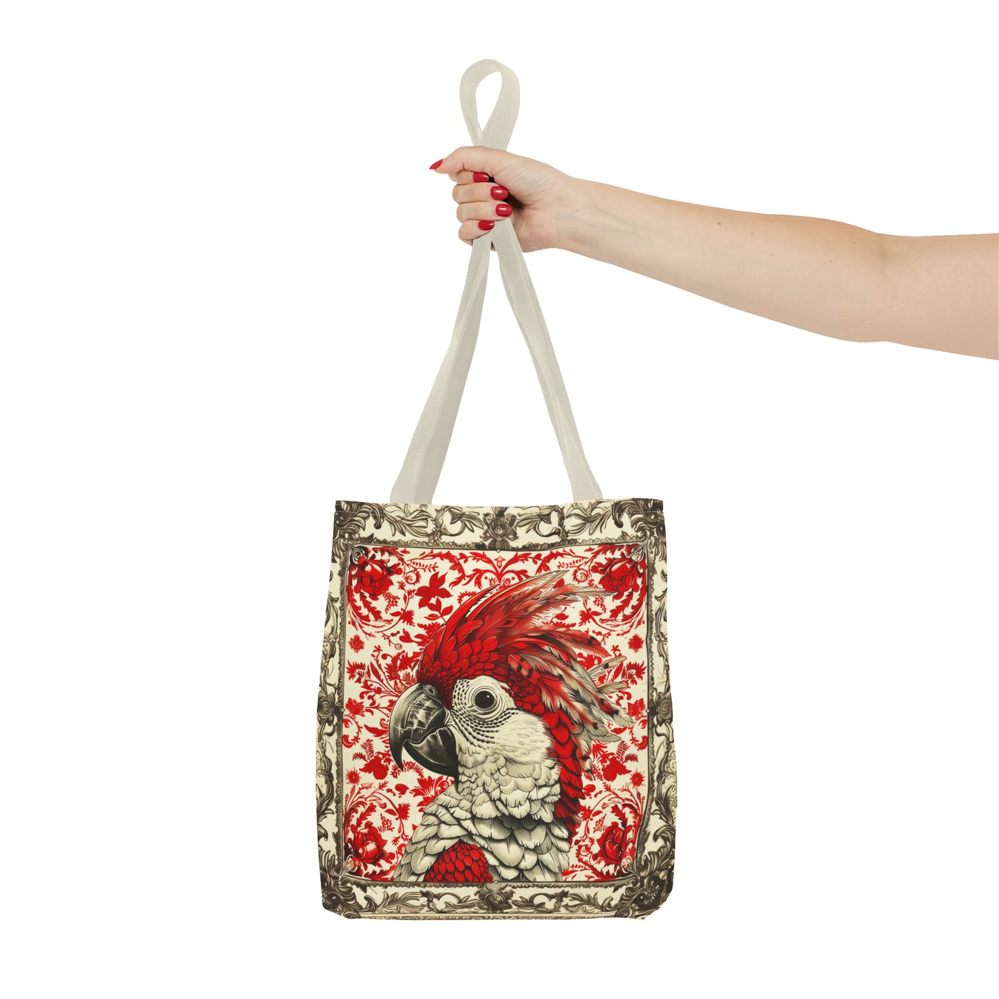 Canvas Tote Bag, vintage inspired bird design in red, vibrant artistic accessory, all over print bag