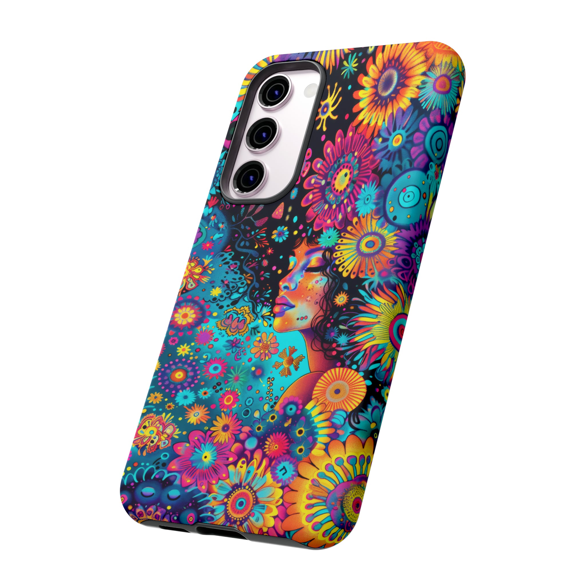 Phone Case, 1970's inspired flower girl, Artistic design, Tough Case, Colorful whimsical flower fantasy design, iPhone 15, 14, 13, 12, 11, Samsung, Pixel