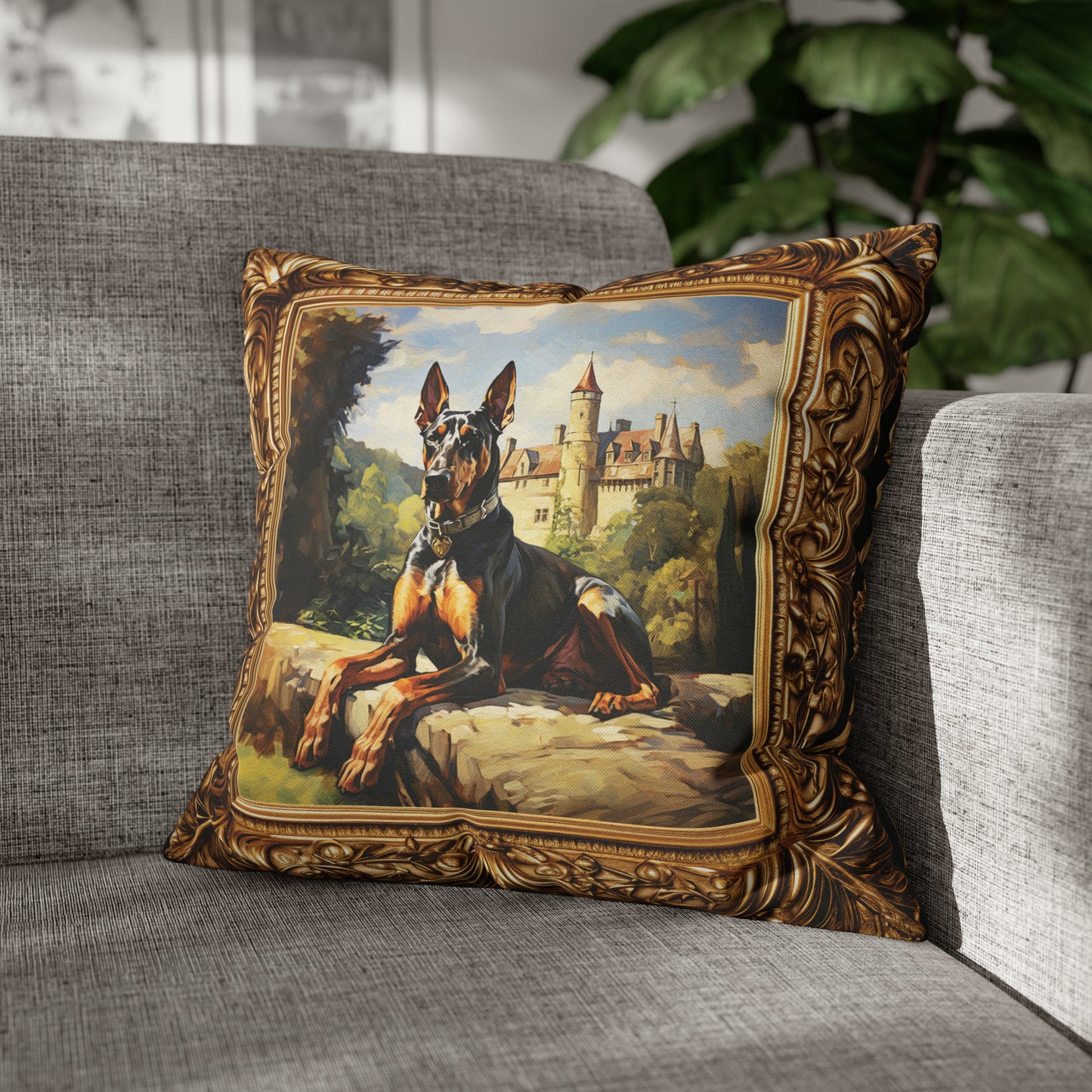 Square Pillow Case 18" x 18", CASE ONLY, no pillow form, original Art ,a Beautiful Painting of a Doberman in the English countryside.