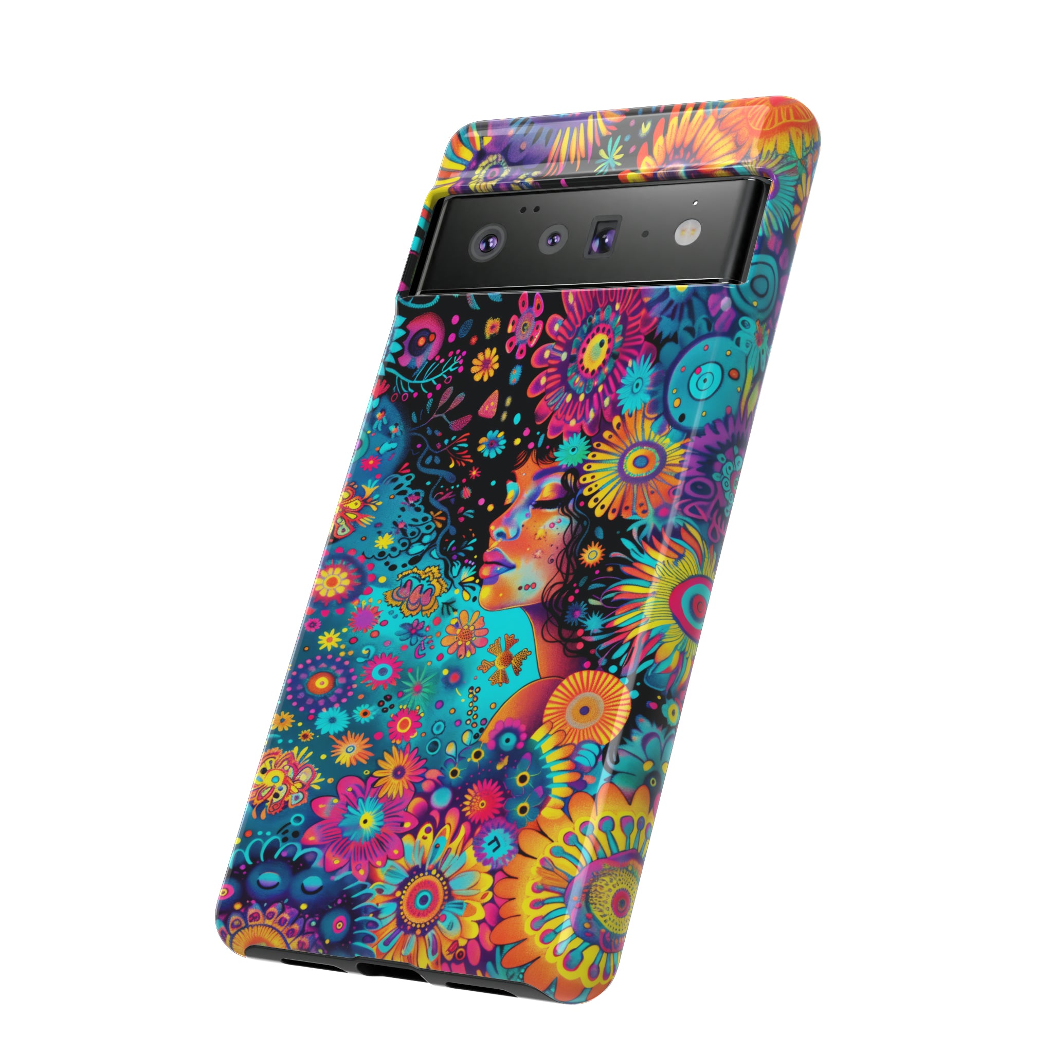 Phone Case, 1970's inspired flower girl, Artistic design, Tough Case, Colorful whimsical flower fantasy design, iPhone 15, 14, 13, 12, 11, Samsung, Pixel