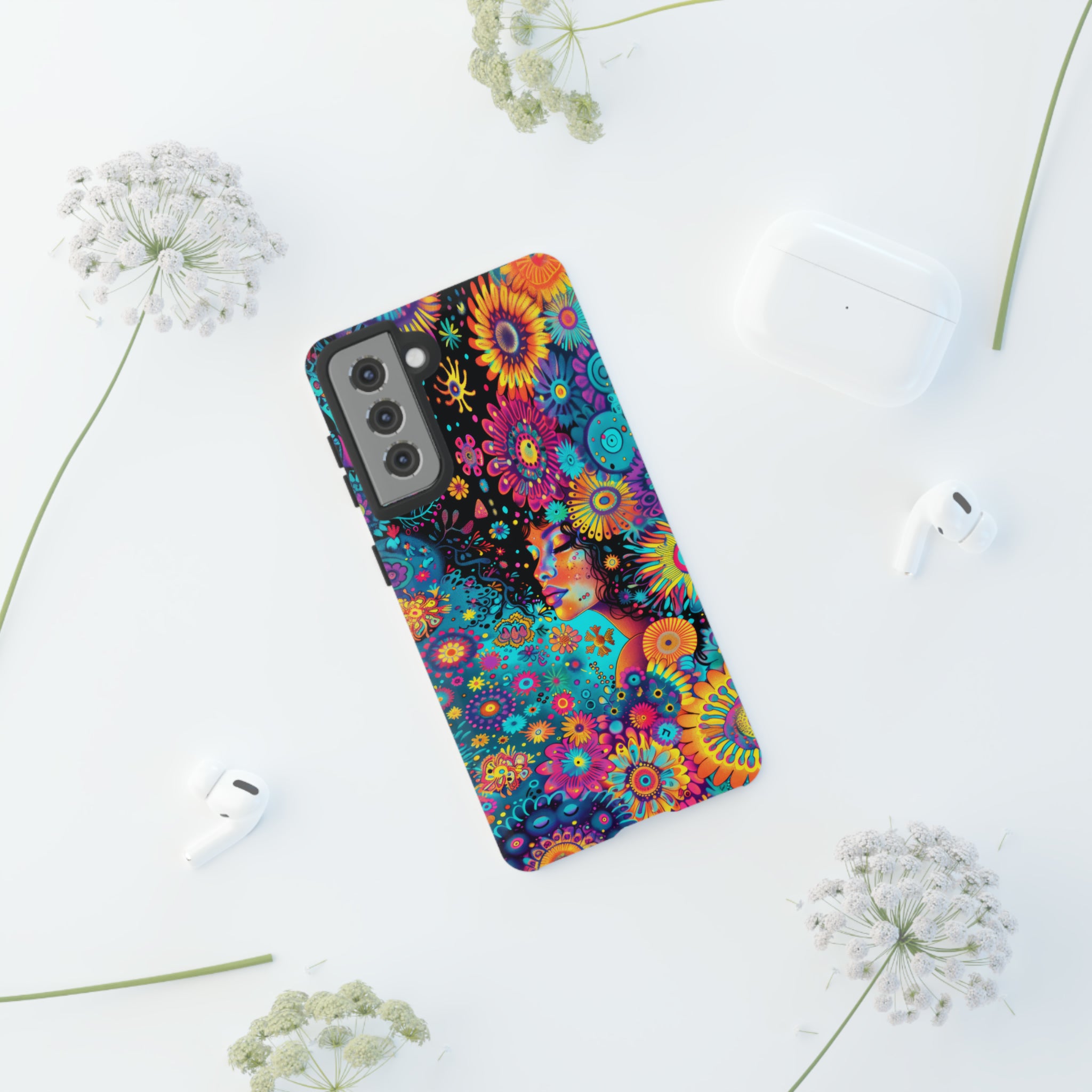 Phone Case, 1970's inspired flower girl, Artistic design, Tough Case, Colorful whimsical flower fantasy design, iPhone 15, 14, 13, 12, 11, Samsung, Pixel