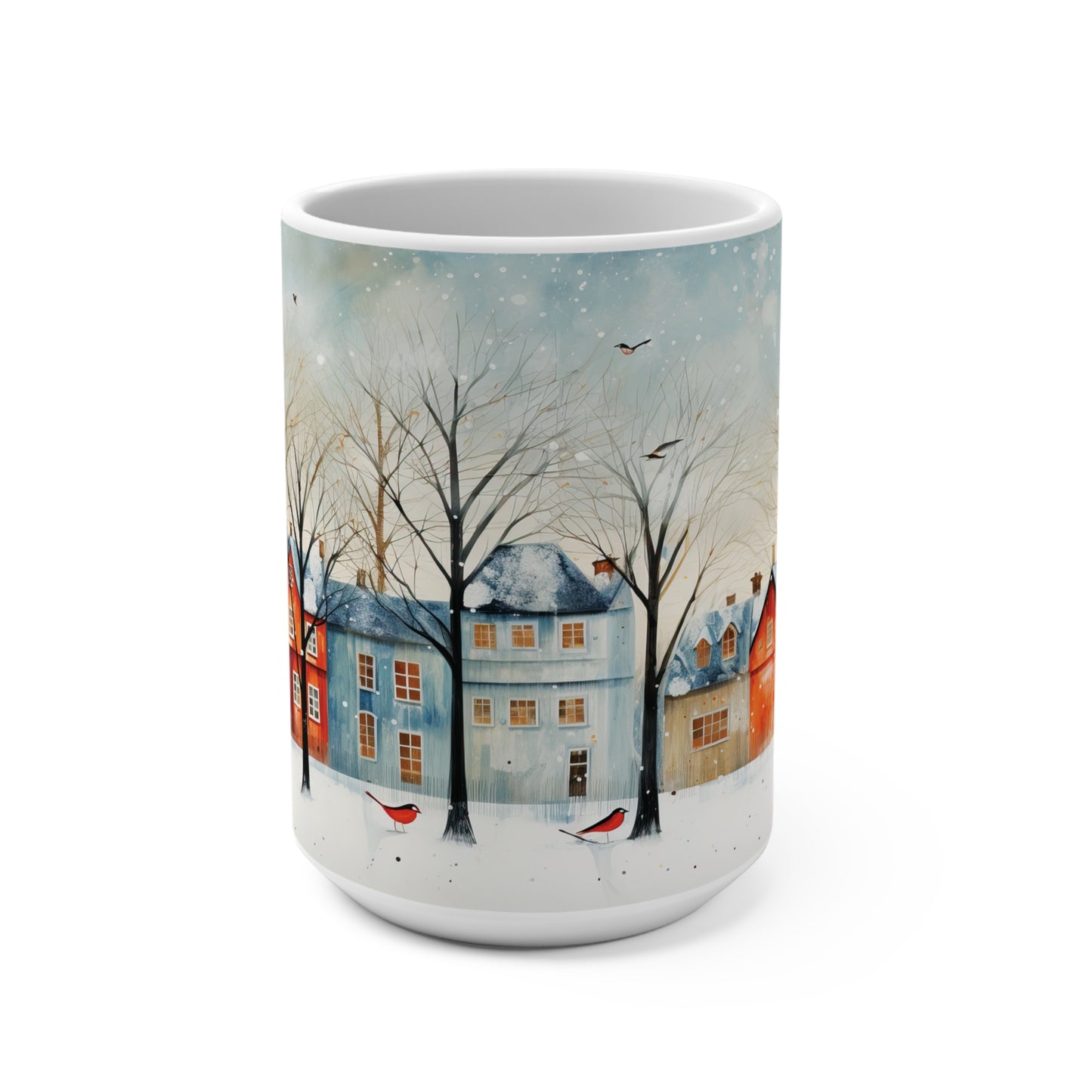 Row houses in Winter with birds Mug 15oz