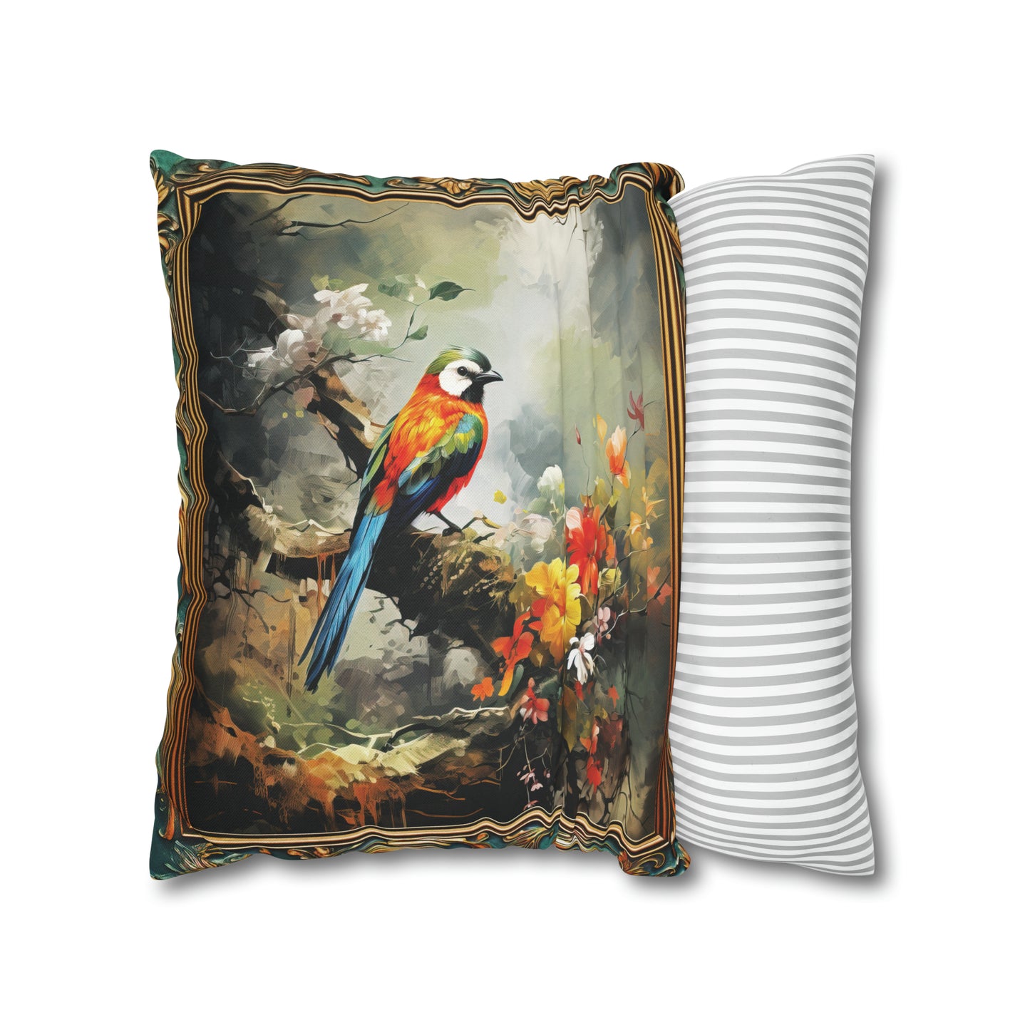 Square Pillow Case 18" x 18", CASE ONLY, no pillow form, original Art , a Colorful Green headed Bird on a Flowering Tree Branch