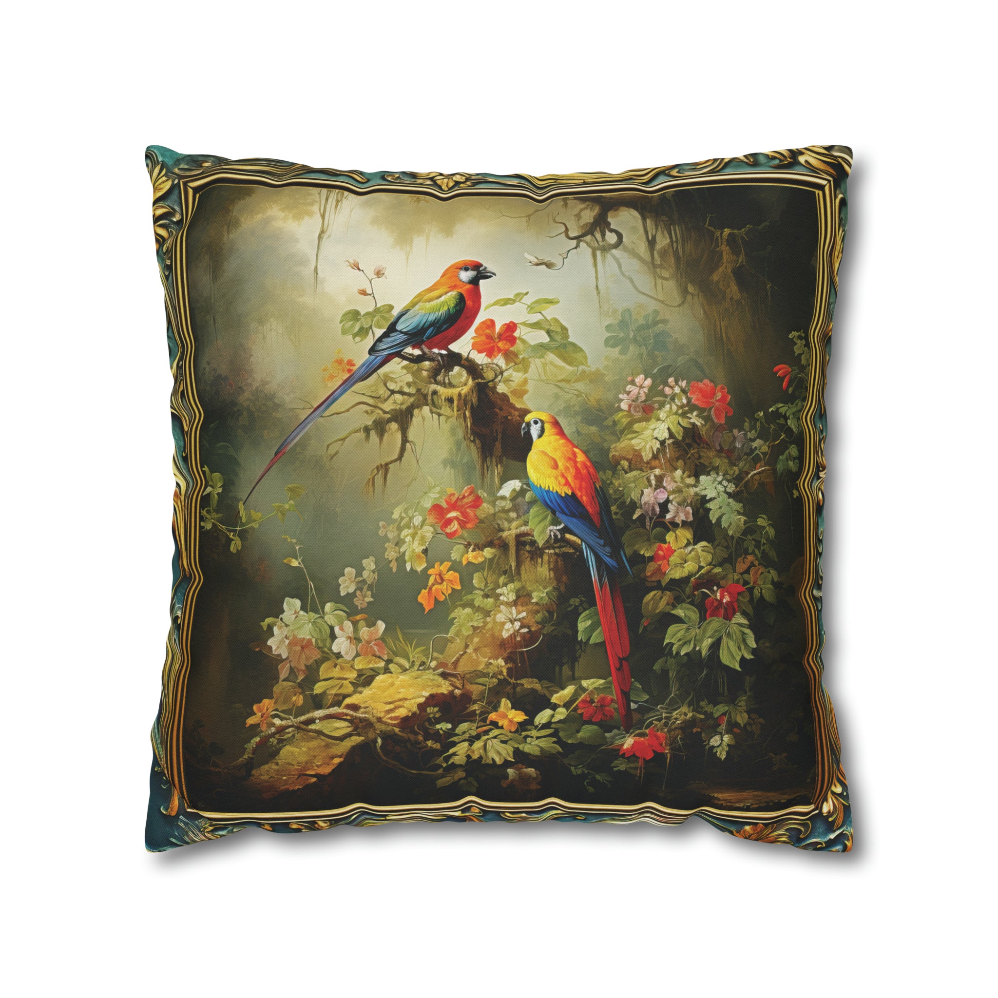 Square Pillow Case 18" x 18", CASE ONLY, no pillow form, original Art ,Two Colorful Tropical Birds on a Flowering Branch in the Forest